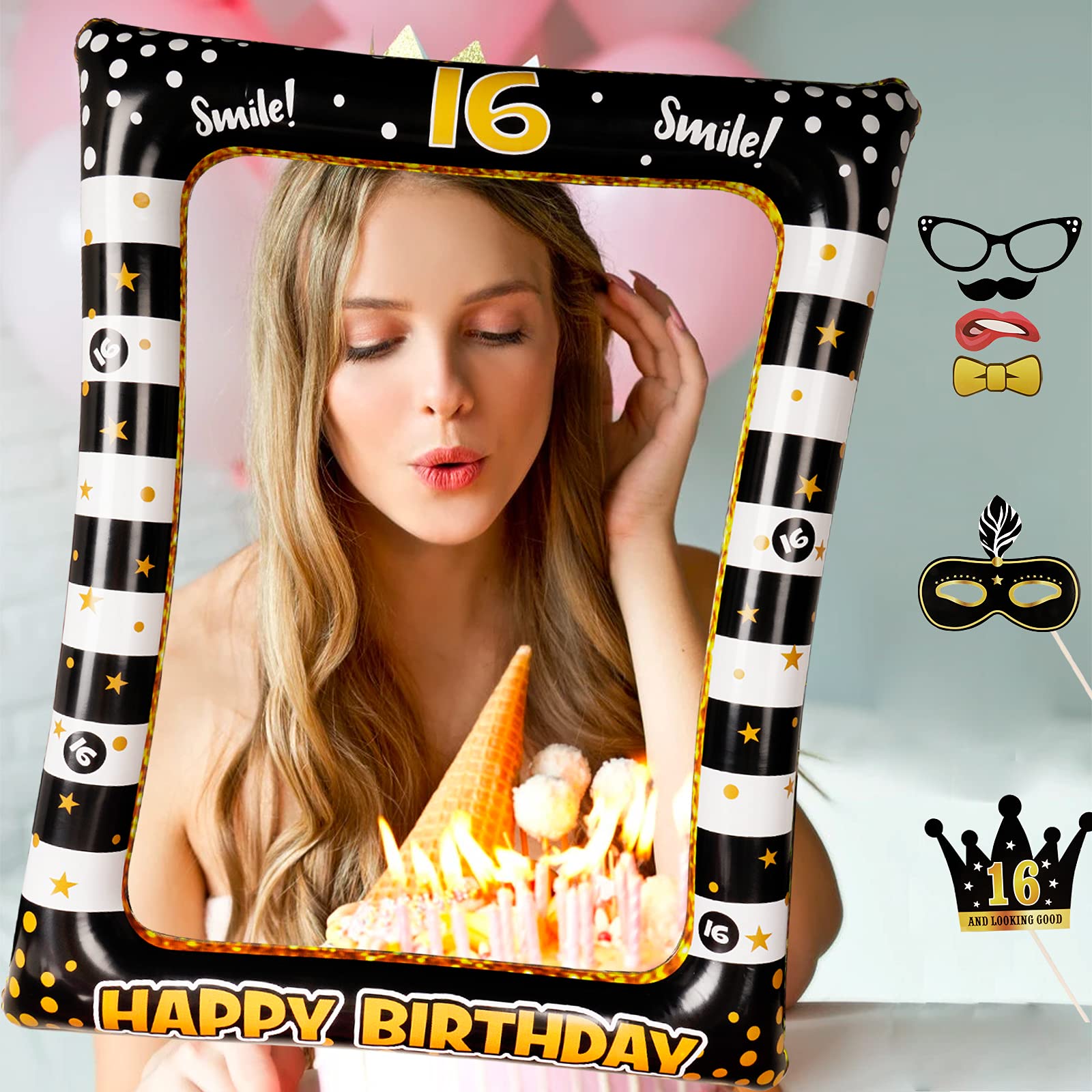 Cadre Photo Gonflable 18 Ans - Décoration Anniversaire - Noir Et Or - 88x65cm - Pour Photobooth Fête