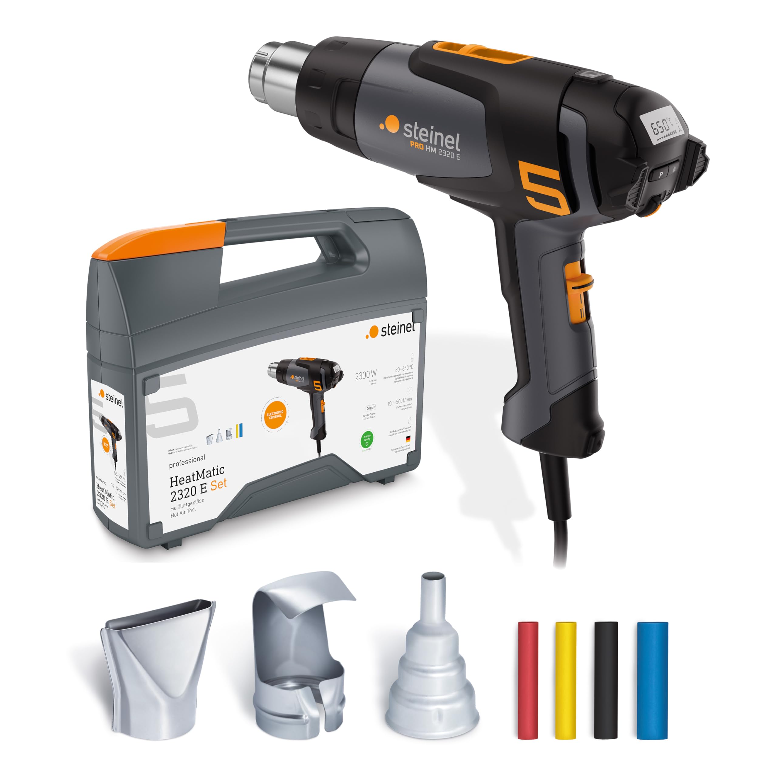 Steinel Heißluftpistole HM 2320 E Set, inkl. Düsen und Schrumpfschläuche, 2300 W Profi-Heißluftfön, 80°-650°C, LCD Display, Keramikheizung