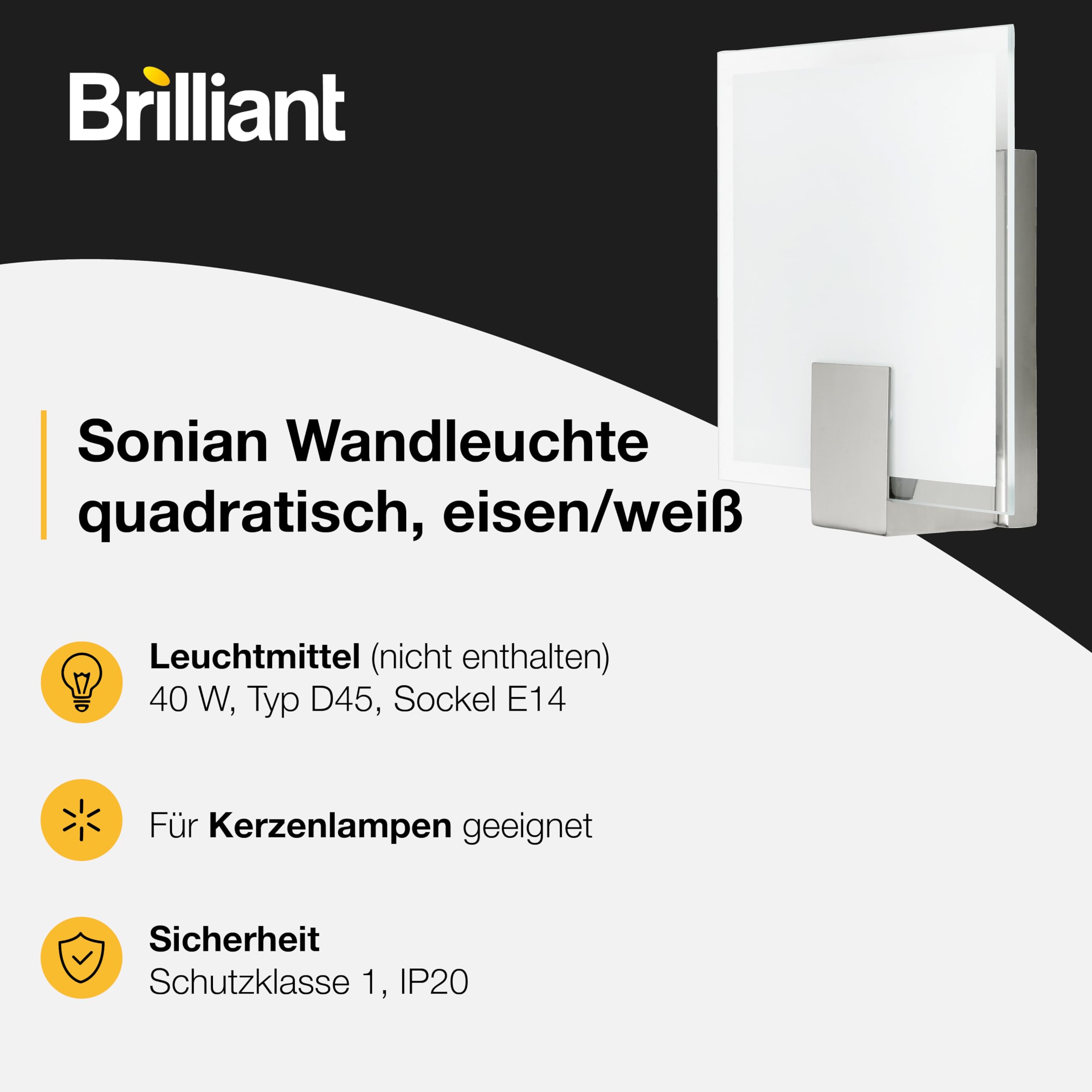 Brilliant Sonian lampa ścienna, 1-żarówkowa, E14, 1 x 40 W, metal/szkło, żelazo/biały 90324/13