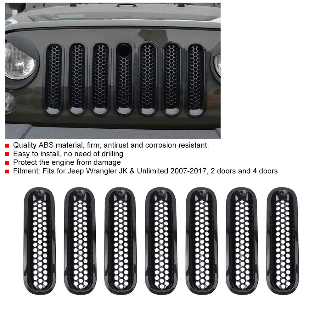Reja, Qiilu Grille, 7 piezas de rejilla de malla de parachoques delantero negro para Wrangler JK 2007-2017