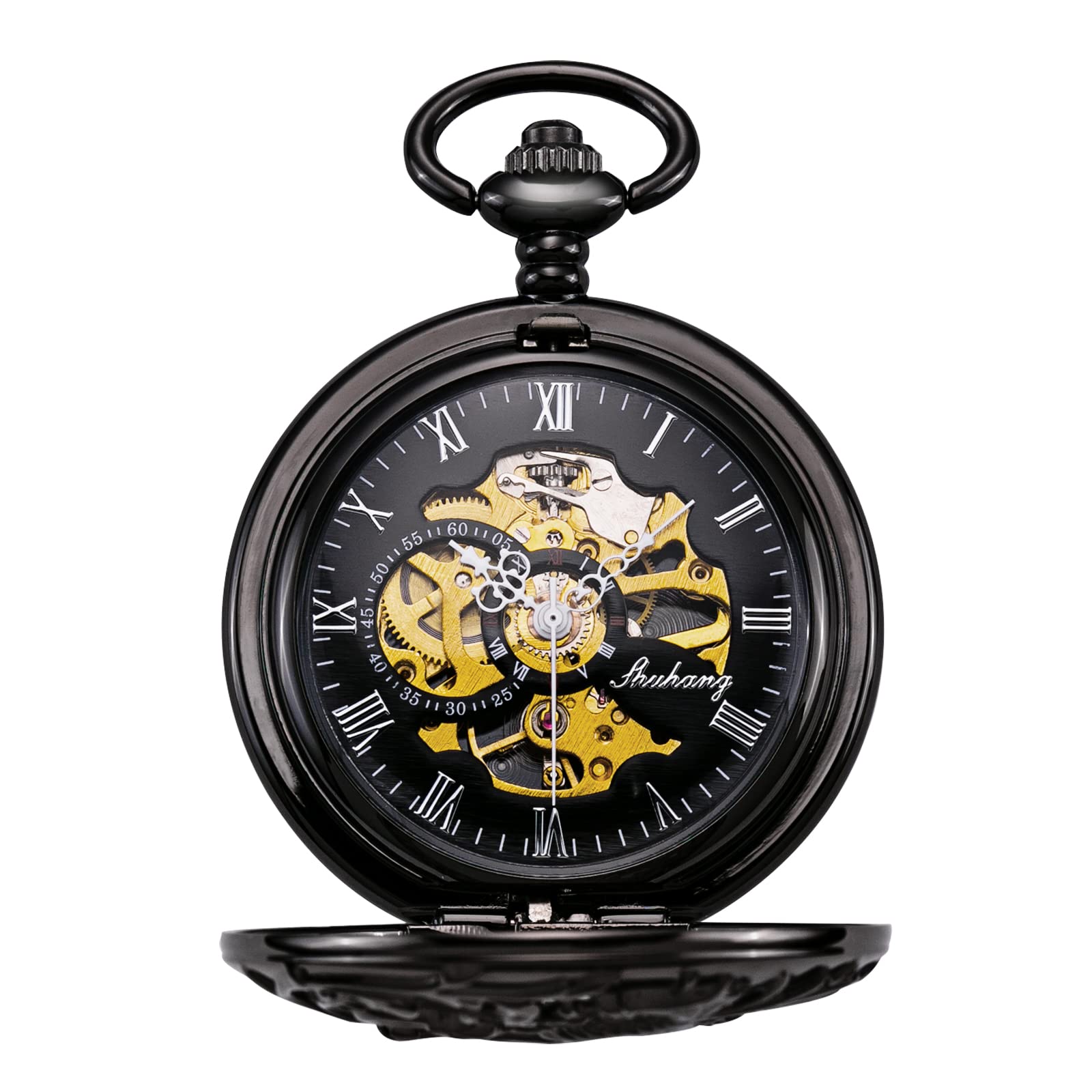 Treeweto - Reloj de bolsillo antiguo de esqueleto mecánico y figura de dragón con cadena