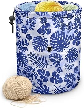 LJMKZJN Blue Palm Print Crochet Bag Knitting Bag Organizer, Yarn Bag Storage Tote for Crocheting On The Go, Knitting Accessories Holder with Grommets, Gift for Crochet Lovers Knitters