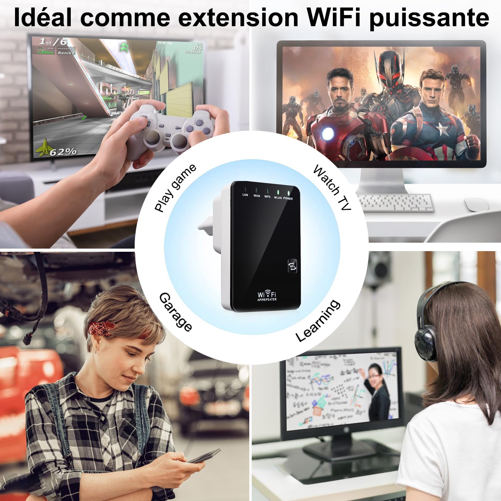 Répéteur WiFi Amplificateur WiFi 300Mbps 2.4GHz, Mini WiFi Extender, WiFi Booster,Supprimez Les Zones Mortes, Antennes Interne, 2 Port Ethernet, WPS, Compatible avec Toutes Les Box Internet