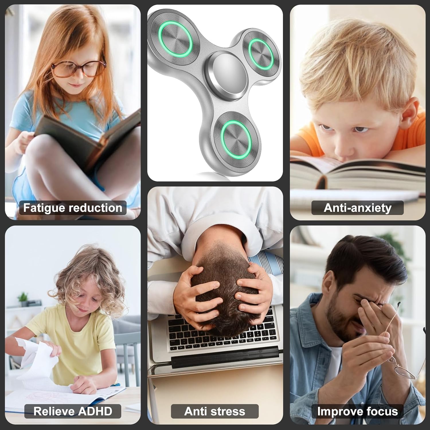 ATESSON Metal Light Up Fidget Spinner Toys, Durable Stainless Steel Bearing High Speed Silent with Fluorescent Precision Focus Anxiety Stress Relief Boredom Fidget Spinners for Kids & Adults Silver