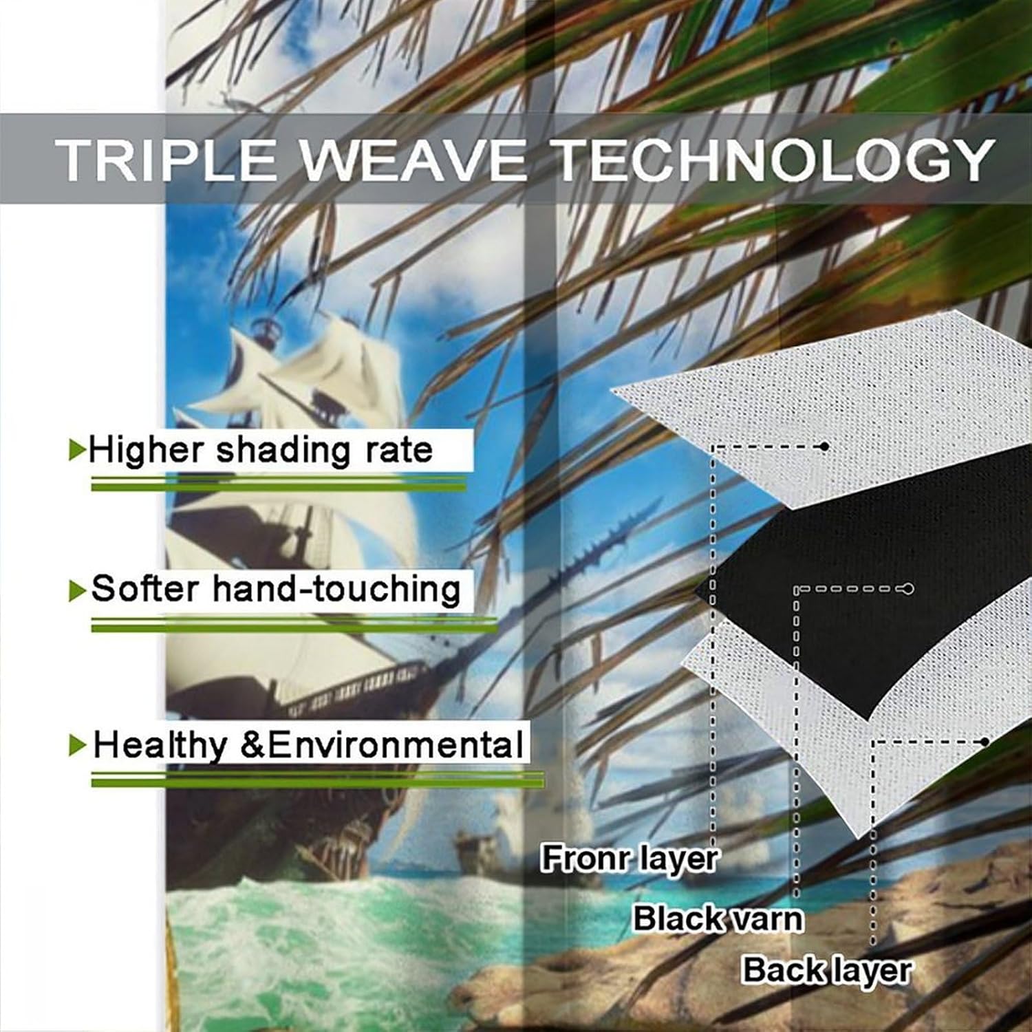 Brebasf Watercolor Pirate Ship Treasure Blackout Rod Pocket Curtains,Rustic Tropical Beach Coastal Palm Leaf Nautical Sailing Ship Thermal Insulation Room Darkening Window Drapes 2 Panels 84"L x 42"W