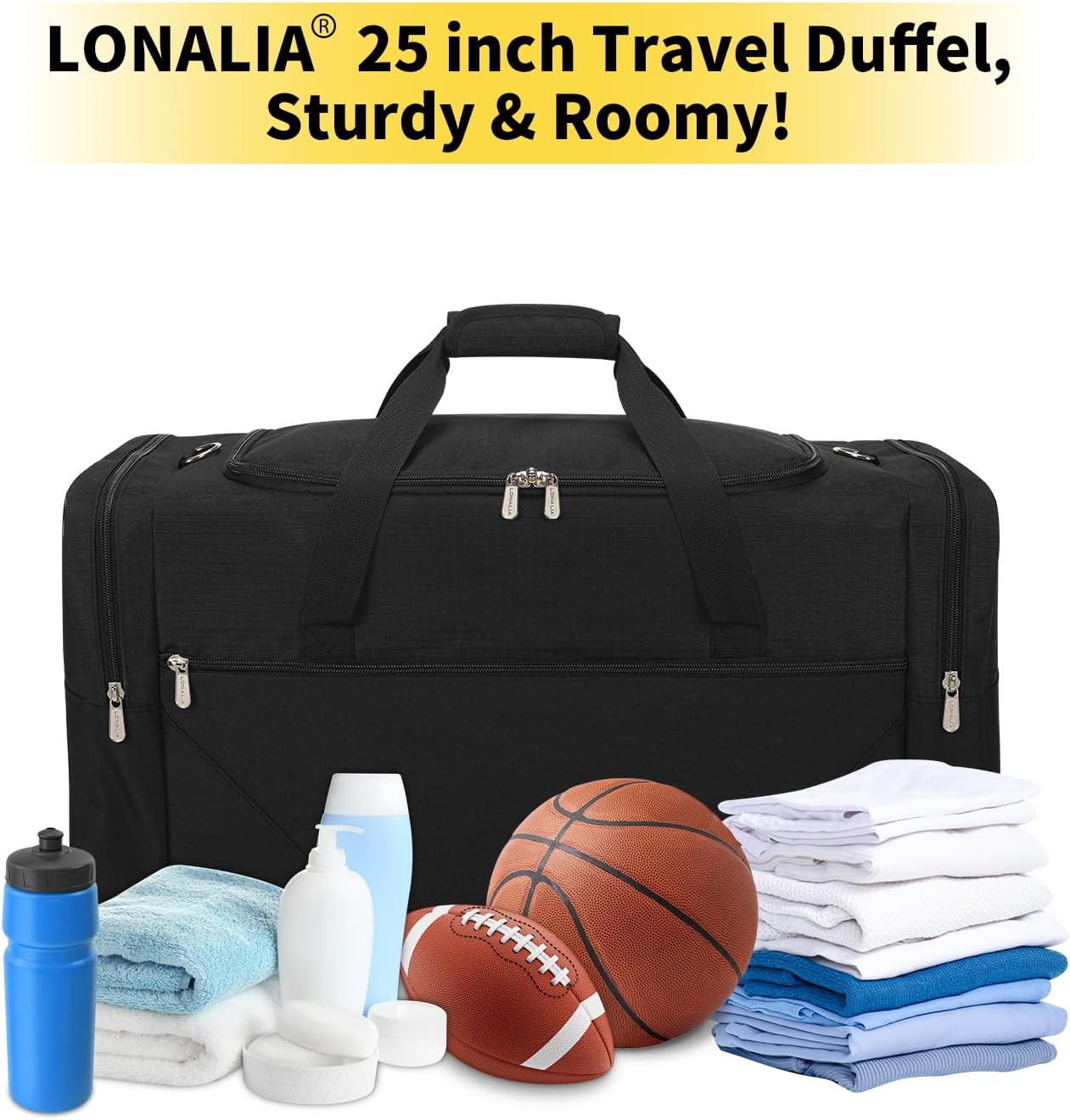 25 in Large Travel Duffel Bag for Men - 56L Roomy Weekender Bag with Trolley Sleeve (Black) - Image 4