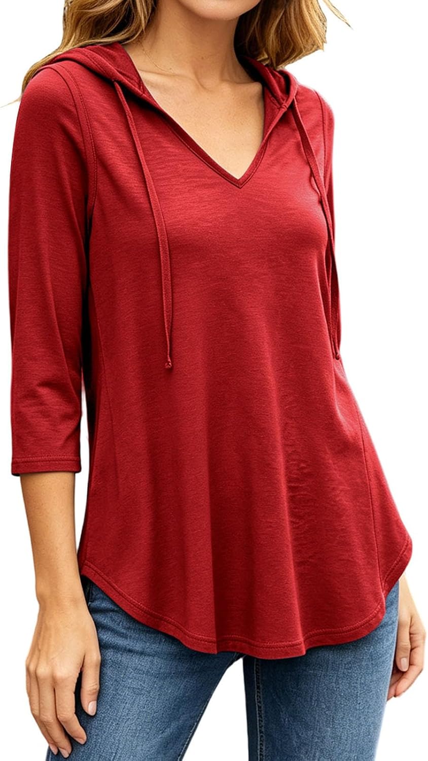 Women's 3/4 Sleeve V Neck Hooded Tunic Tops with Curved Hem | Soft Breathable Knit Fabric with Relaxed Fit, Ideal for Daily Casual Wear and Matching Leggings for Cozy Feel
