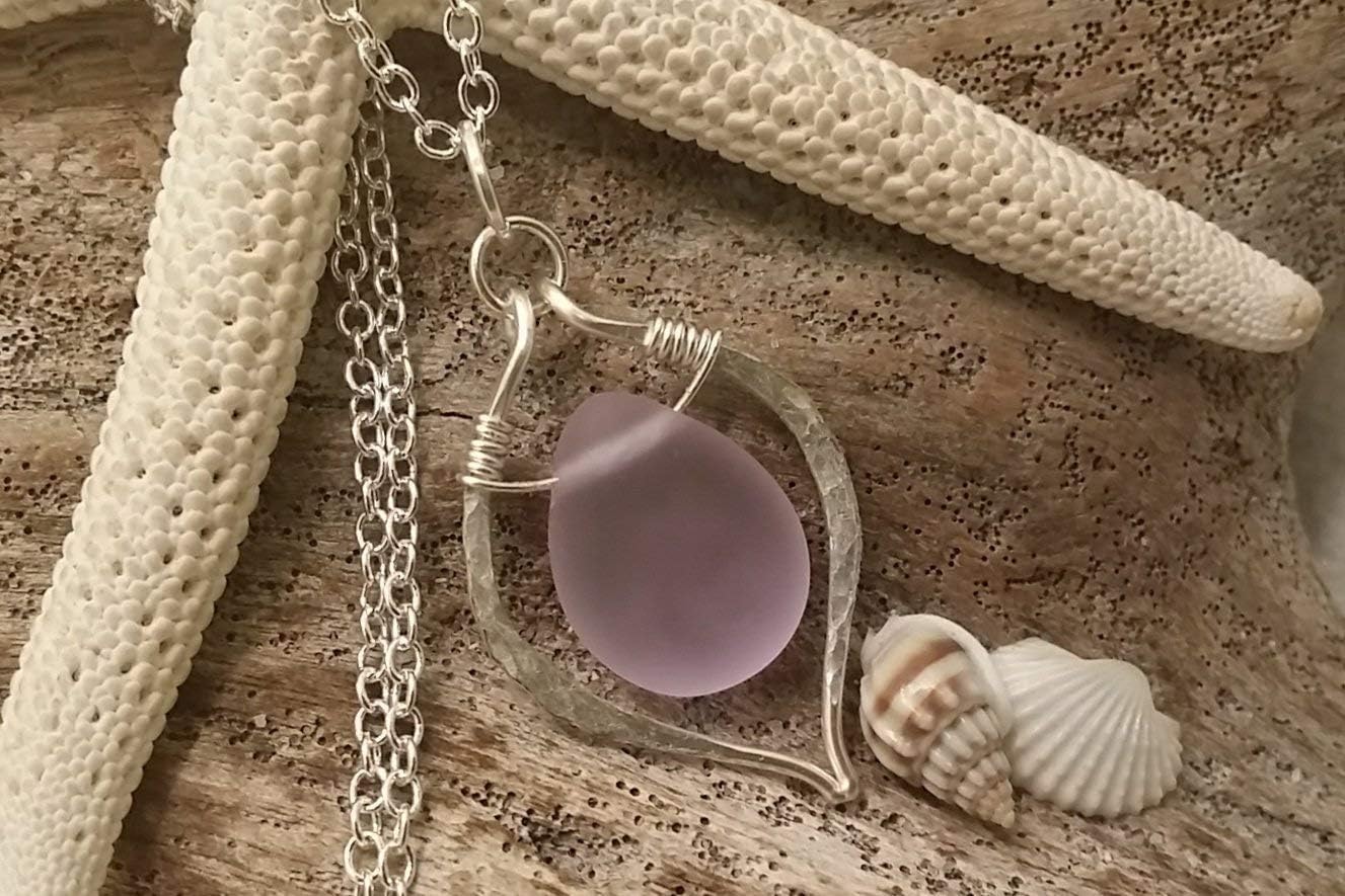 Handmade sea glass jewelry in Hawaii, Hammered wire loop Magical Color Changing purple sea glass necklace, February Birthstone, (Hawaii Gift Wrapped