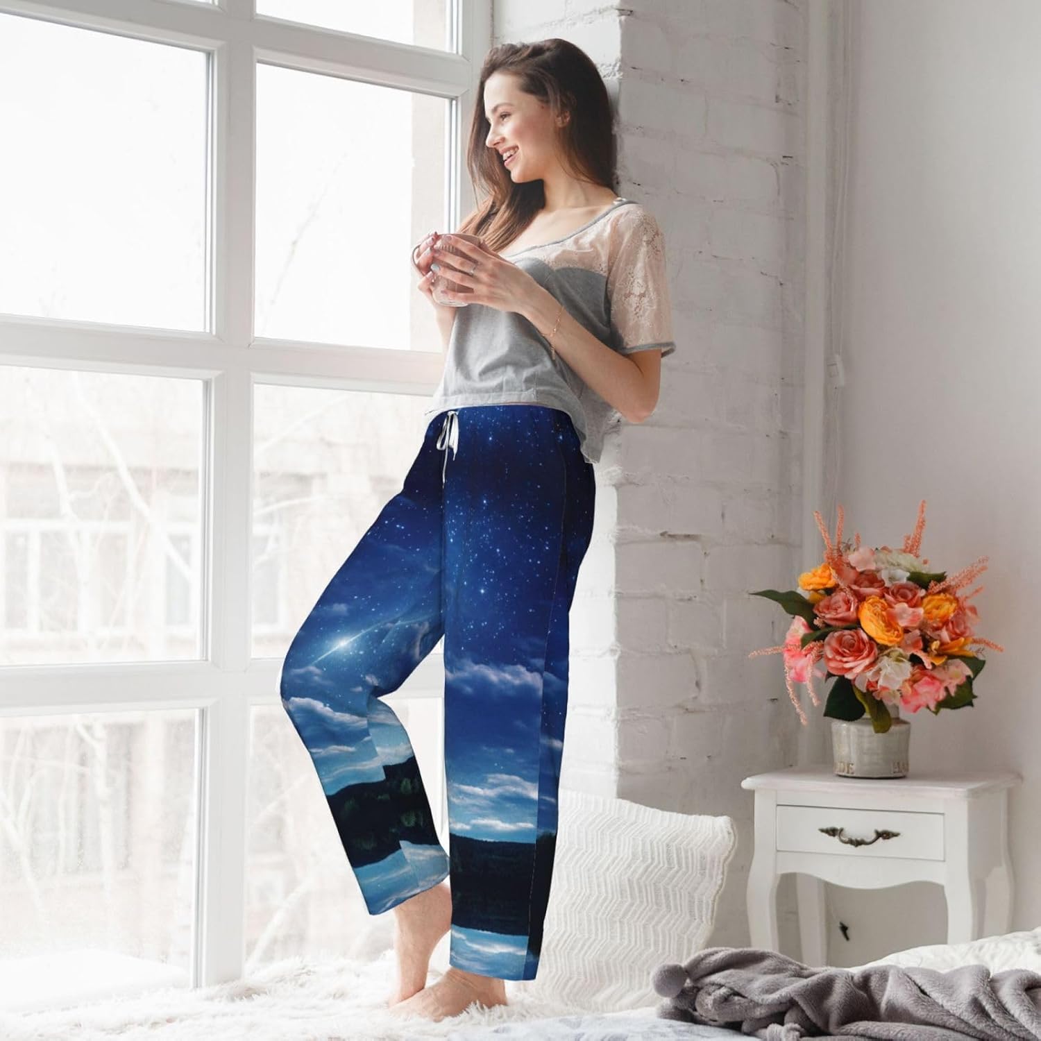 Night Sky Print Cozy Flannel Pajama Pants For Women,Warm Christmas Pj Pants,Cute Fleece Pajamas