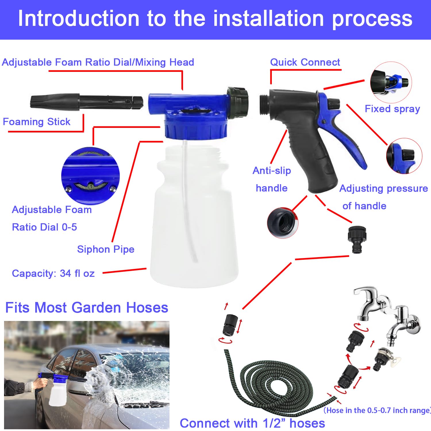 LIANXIN 37Pcs Car Wash Detailing Kit Foam Gun Sprayer Long Handle Foldable Car Wash Brush Bucket Towels Tire Brush Wash Mitt Sponge Duster Brush Car Wash Kit is Complete Car Care Tools