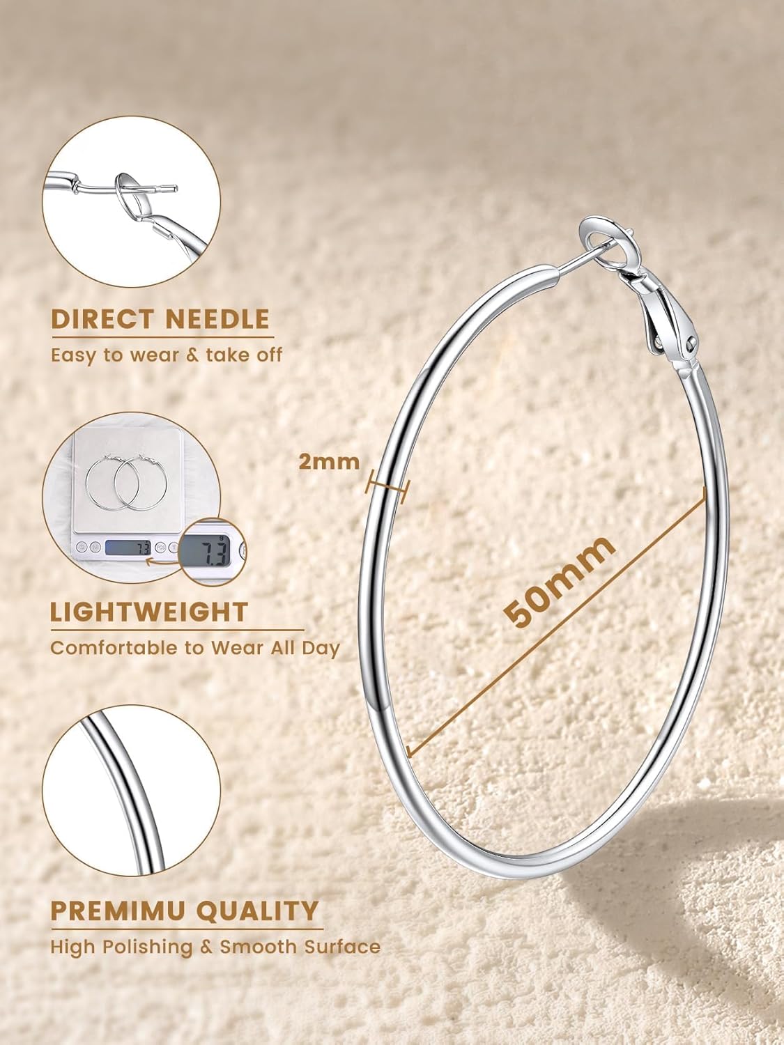 KeyStyle Gold Hoop Earrings for Women, Stainless Steel Hoops Earring Lightweight Loops, 2 mm Thick Hypoallergenic Circle Endless Thin Hoop (30 mm,50 mm,70 mm,100 mm) - Image 6