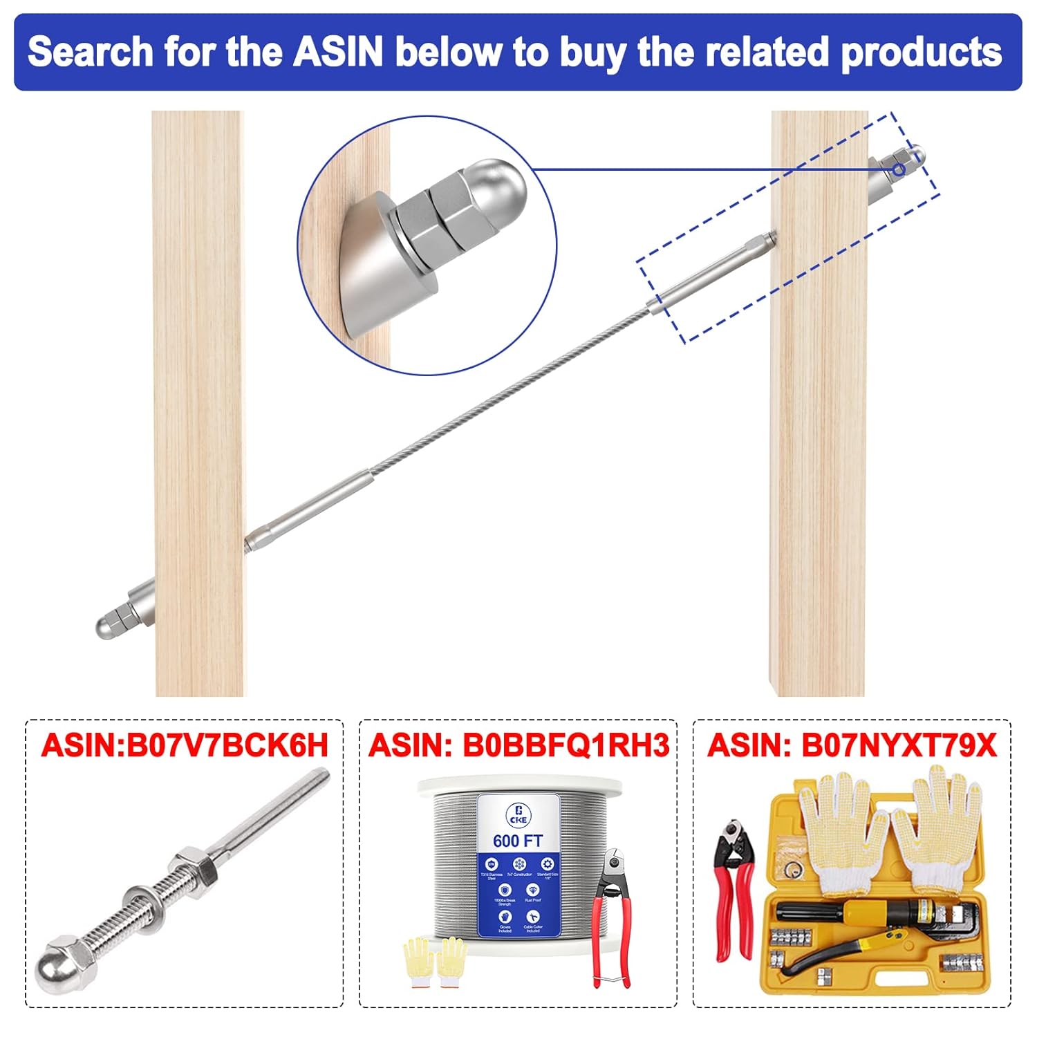 CKE 50 Pack T316 Stainless Steel Protector Sleeves for 1/8" Wire Rope Cable Railing CKE 30 Pack Stainless Steel 1/4" 30 Degree Angle Beveled Washer CKE 600FT 1/8" Stainless Steel Cable