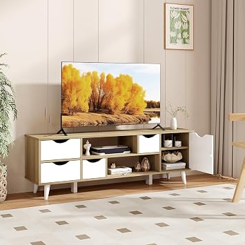 Tangkula White TV Stand, Mid Century Modern TV Console Table w/Storage, Television Stand w/ 4 Drawers & 2 Open Shelves, Home Living Room Media Entertainment Center for TVs up to 55 (Oak, 48 L)