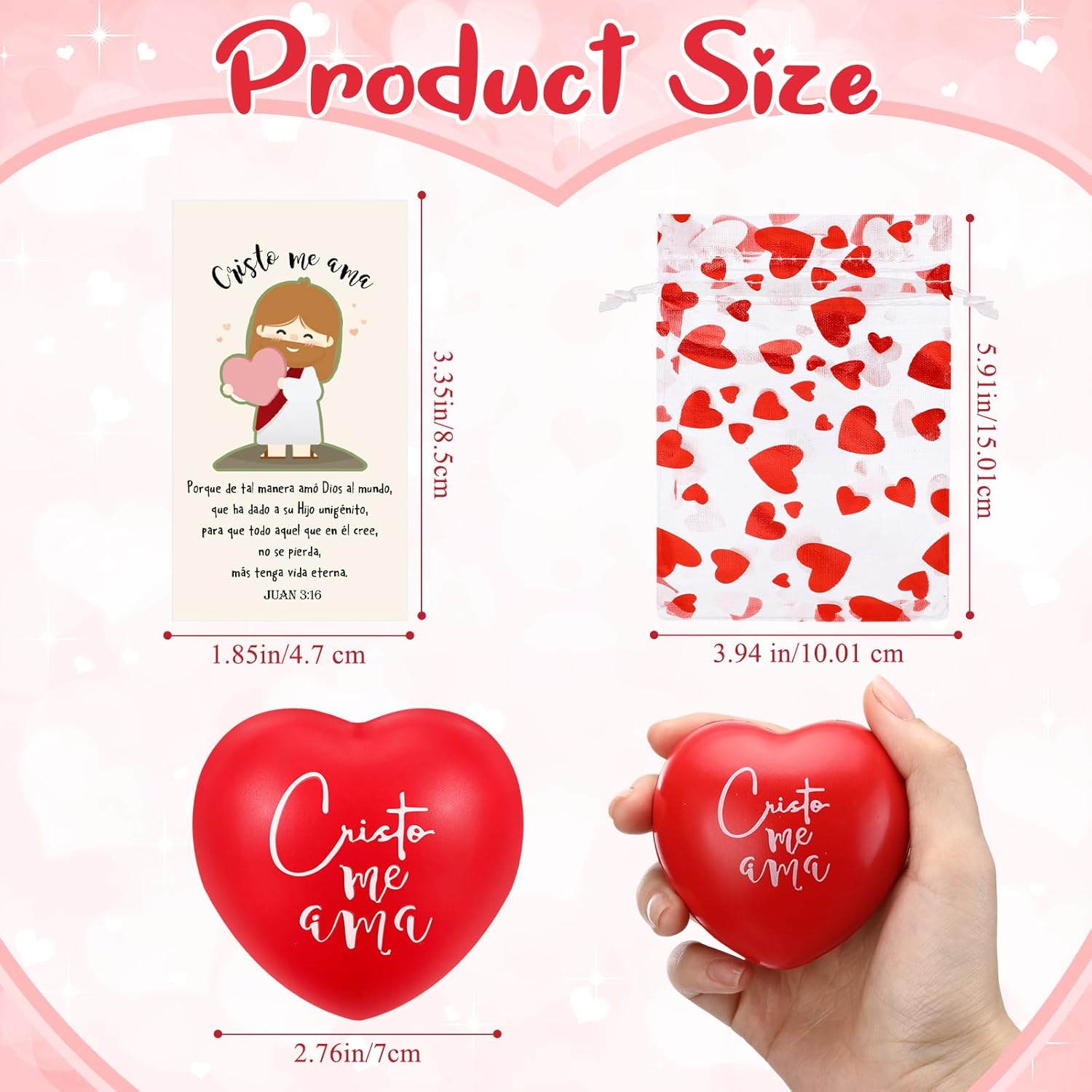 Meooeck 20 Sets Jesus Easter for Kids Christian Easter Gifts Bulk 2.7'' Spanish Heart Jesus Love You Stress Balls Red Cristo Me AMA Stress Ball Religious Card for Sunday School Church Prayer