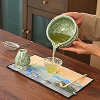 Vista 9 de Juego tradicional de ceremonia de té matcha, kit de 5 piezas con cuenco de cerámica, batidor de bambú, soporte, colador, verde