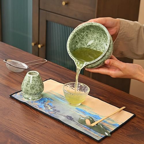Miniatura 9 de Juego tradicional de ceremonia de té matcha, kit de 5 piezas con cuenco de cerámica, batidor de bambú, soporte, colador, verde
