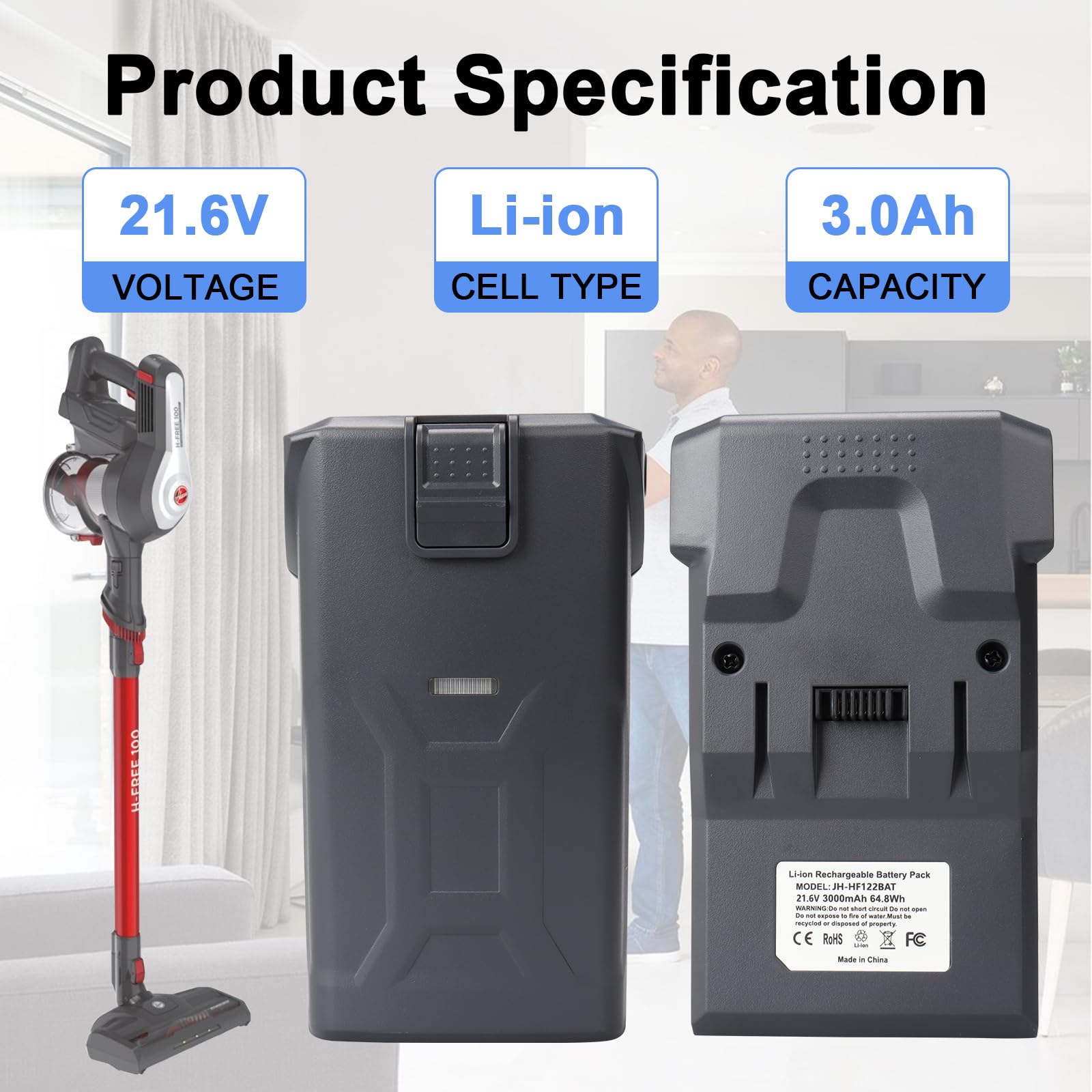 21,6 V 3000 mAh 64,8 Wh Wymienna bateria kompatybilna z odkurzaczem Hoover H-Free 100, akumulator litowo-jonowy do Hoover B012