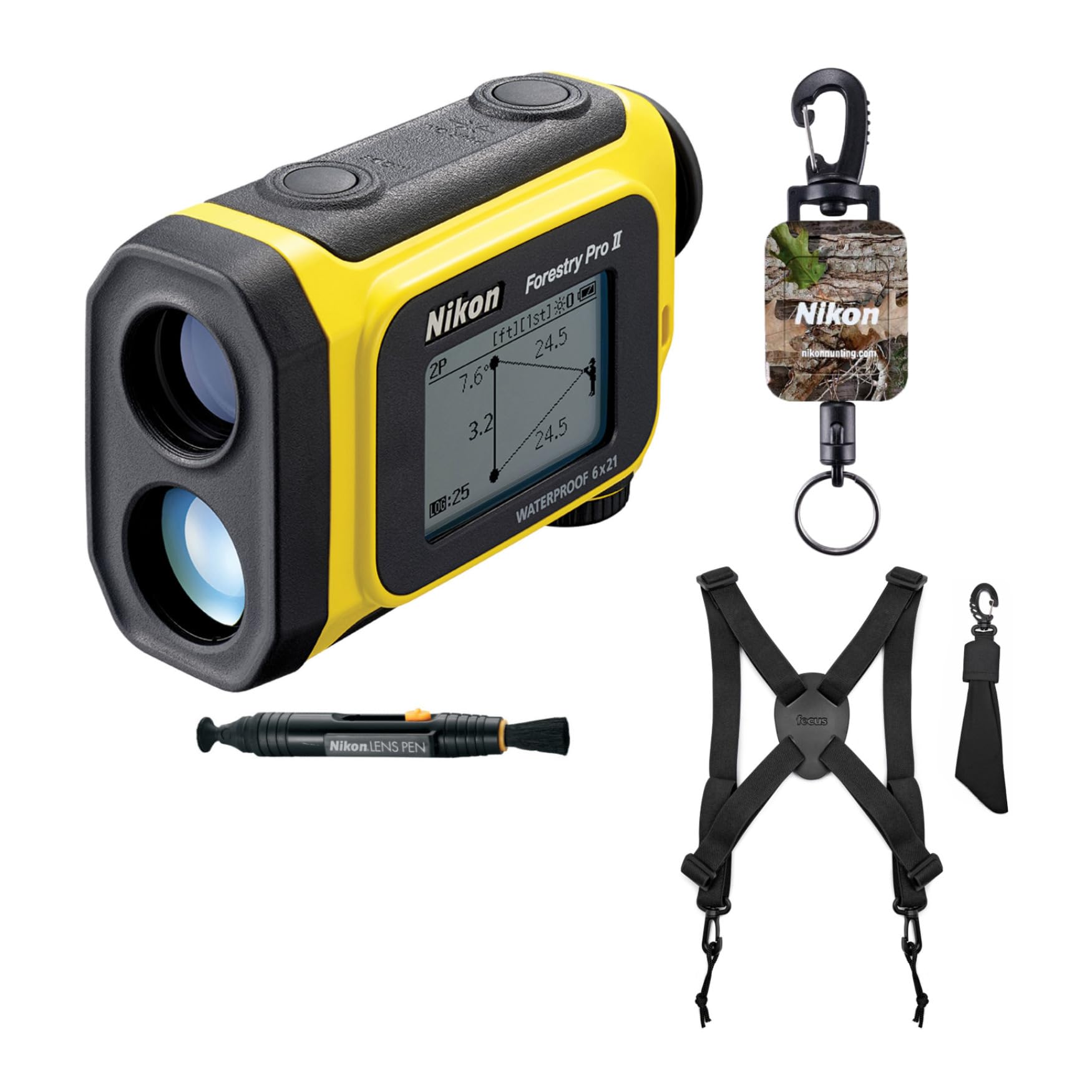 Nikon Forestry Pro II Laser Rangefinder/Hypsometer Bundle with Retractable Rangefinder Tether, Binocular Harness and Lenspen Cleaning System (4 Items)