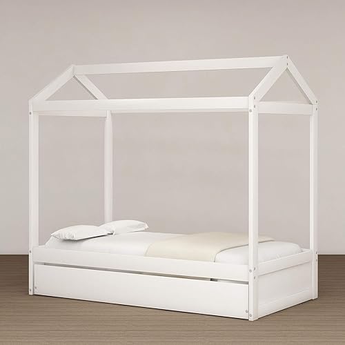 Miniatura 290 de Cama de casa de tamaño individual con 2 cajones, marco de cama de madera y barandilla de seguridad. Ahorra espacio, ideal para el dormitorio de un