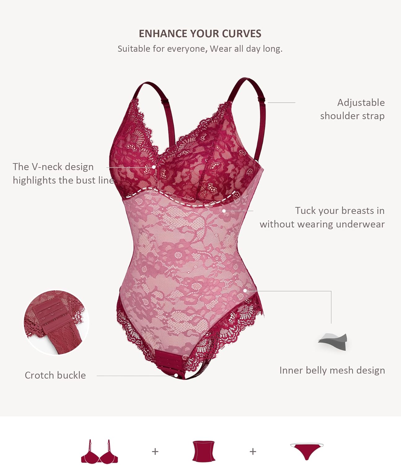 FeelinGirl Shapewear Bodysuits for Women Lace Shapewear Tummy Control V-Neck Sleeveless Bodysuit Tops Jumpsuit - Image 3