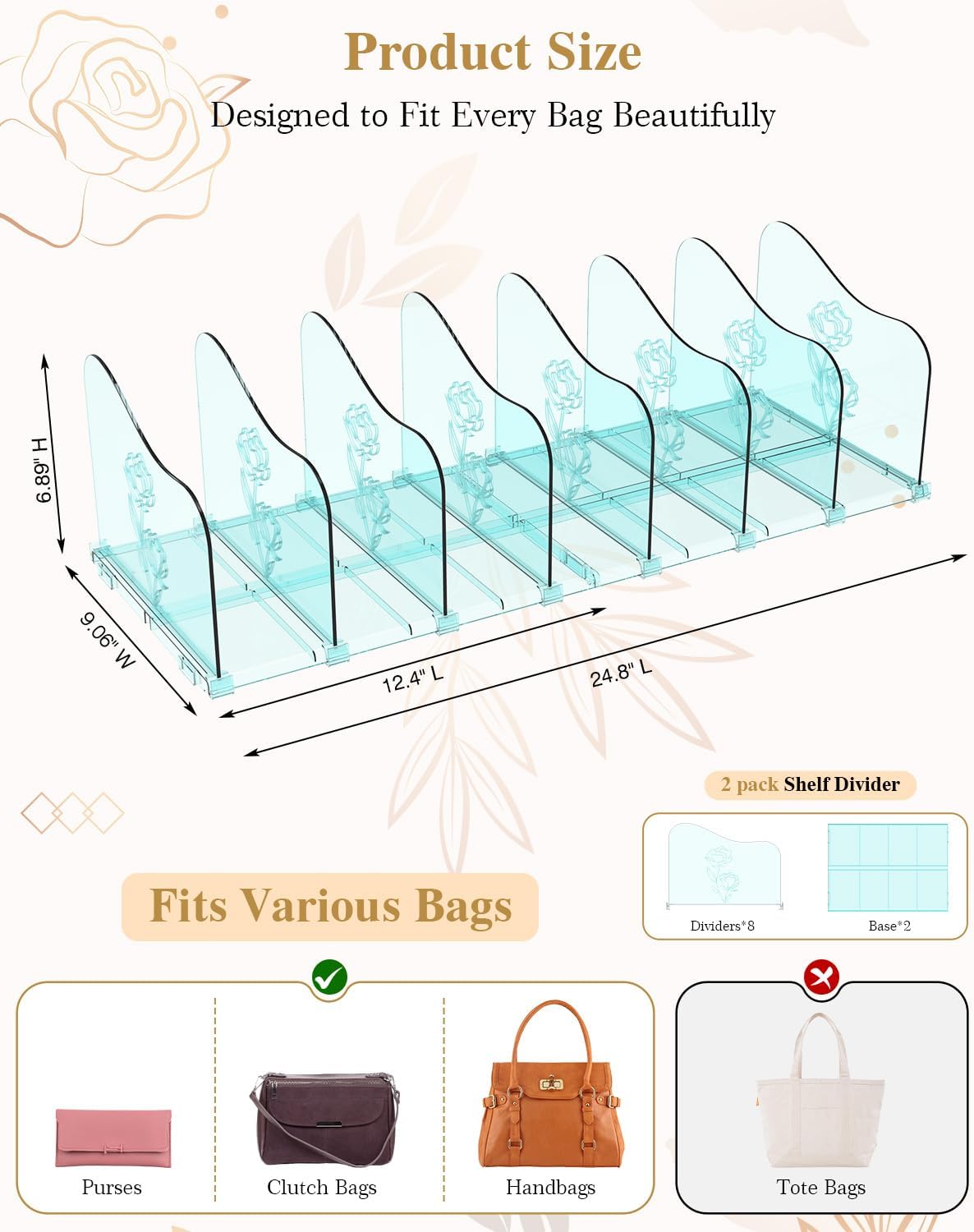 SURETIVIAN Rose Purse Dividers for Closet, 2 Pack Clear Clutch Purse Closet Organizers, Adjustable Handbag Storage Organizers, Plastic Bookshelf Separator Dividers for Bedroom Office