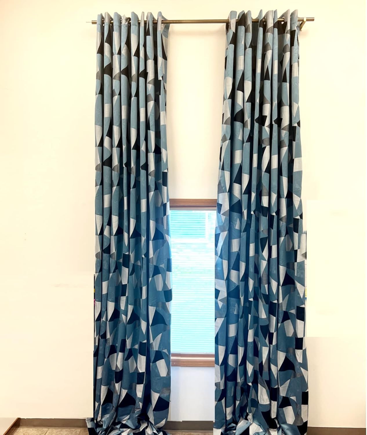 Ikiriska Extra Long Curtains with Geometrical Pattern 8-24 ft Length. (1 Panel). Custom Made Drapes. 50-100" Width. for high Tall Ceiling (50″Wx132″L, Geometrical Black/Blue/Grey)