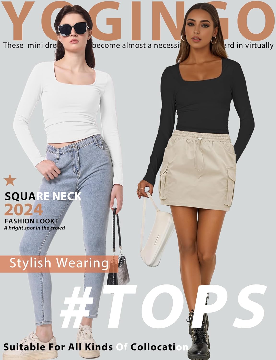 YOGINGO Womens Long Sleeve Shirt Square Neck Basic Slim Fit Tees Fall Y2k Going Out Crop Tops Cute Tight Shirts - Image 6