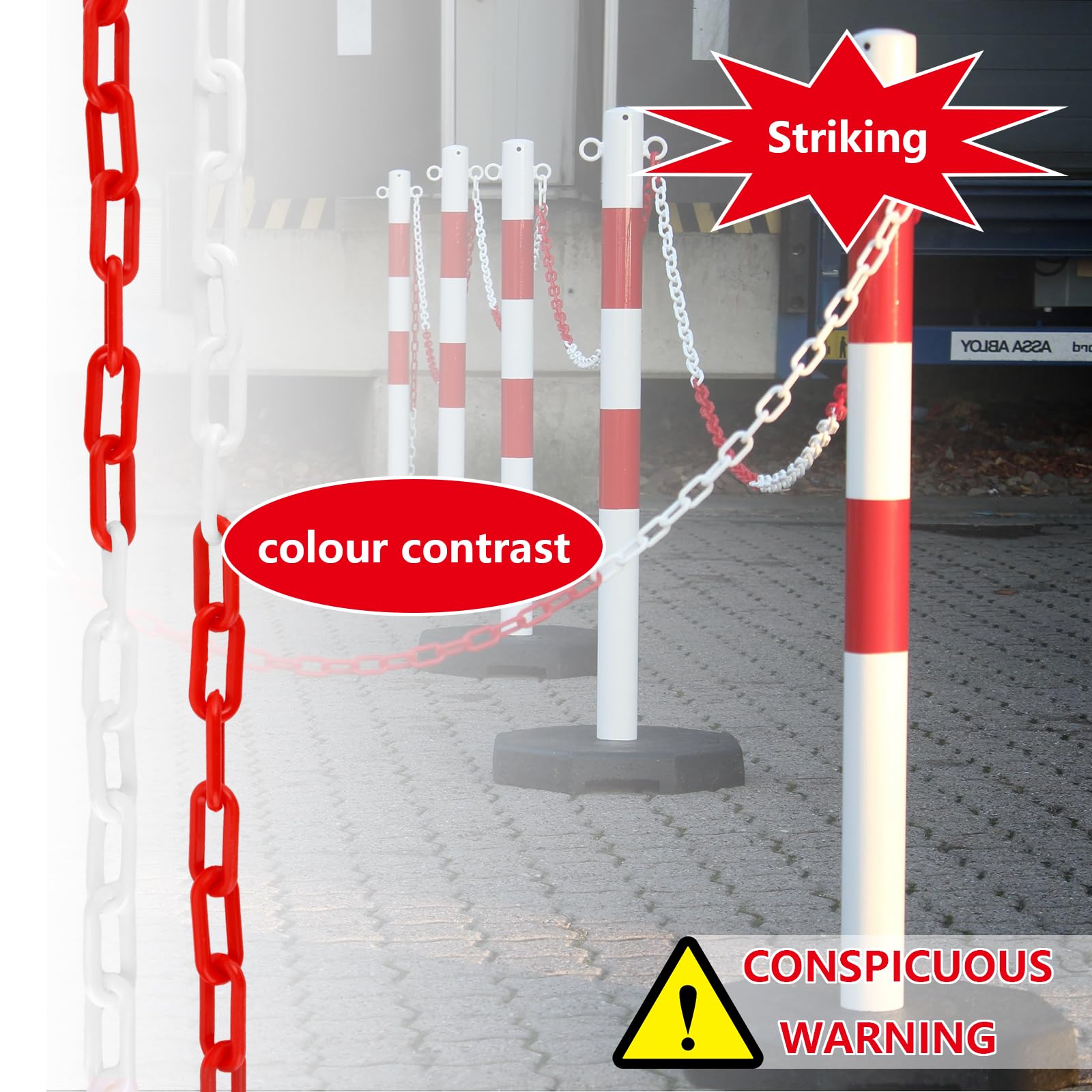 APACALI Cadena de seguridad de plástico de 25 m, color rojo y blanco, 8 mm, cadena de plástico para cerrar, cadena de plástico de las superficies, buena visibilidad, estable y manejable