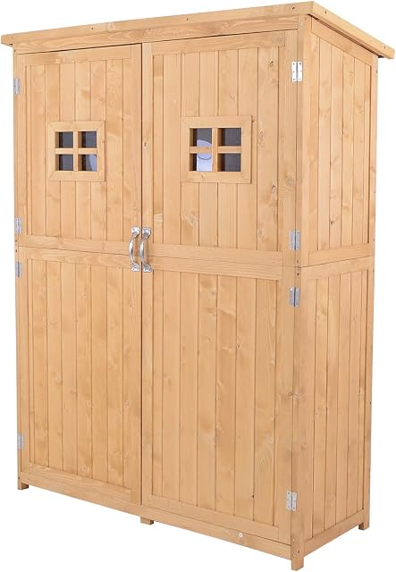 Outsunny Wooden Garden Shed Tool Storage Outsunny Wooden Garden Shed w/ Two Windows, Tool Storage Cabinet, Outdoor Double Door Organizer 127.5L x 50W x 164H cm, Natural