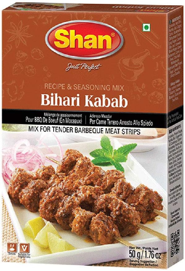 Bihari Kabab Recipe and Seasoning Mix 1.76 oz (50g) - Spice Powder for Tender Barbecue Meat Strips - Suitable for Vegetarians - Airtight Bag in a Box
