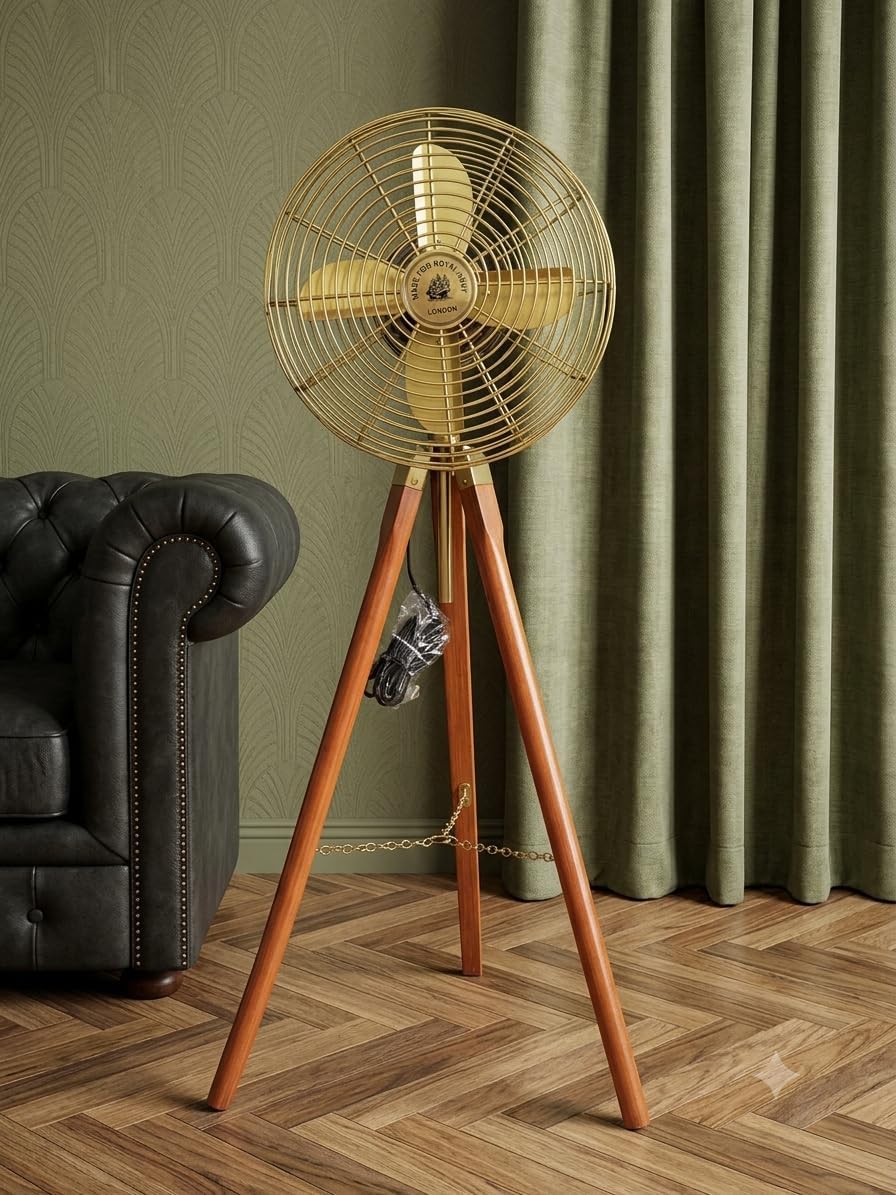 Vintage Brass Tripod Floor Fan with Wooden Stand, 50 Inch Large Decorative Electric Fan, Antique Style Nautical Home Office decorFan, Functional Collectible Nautical Birthday gift
