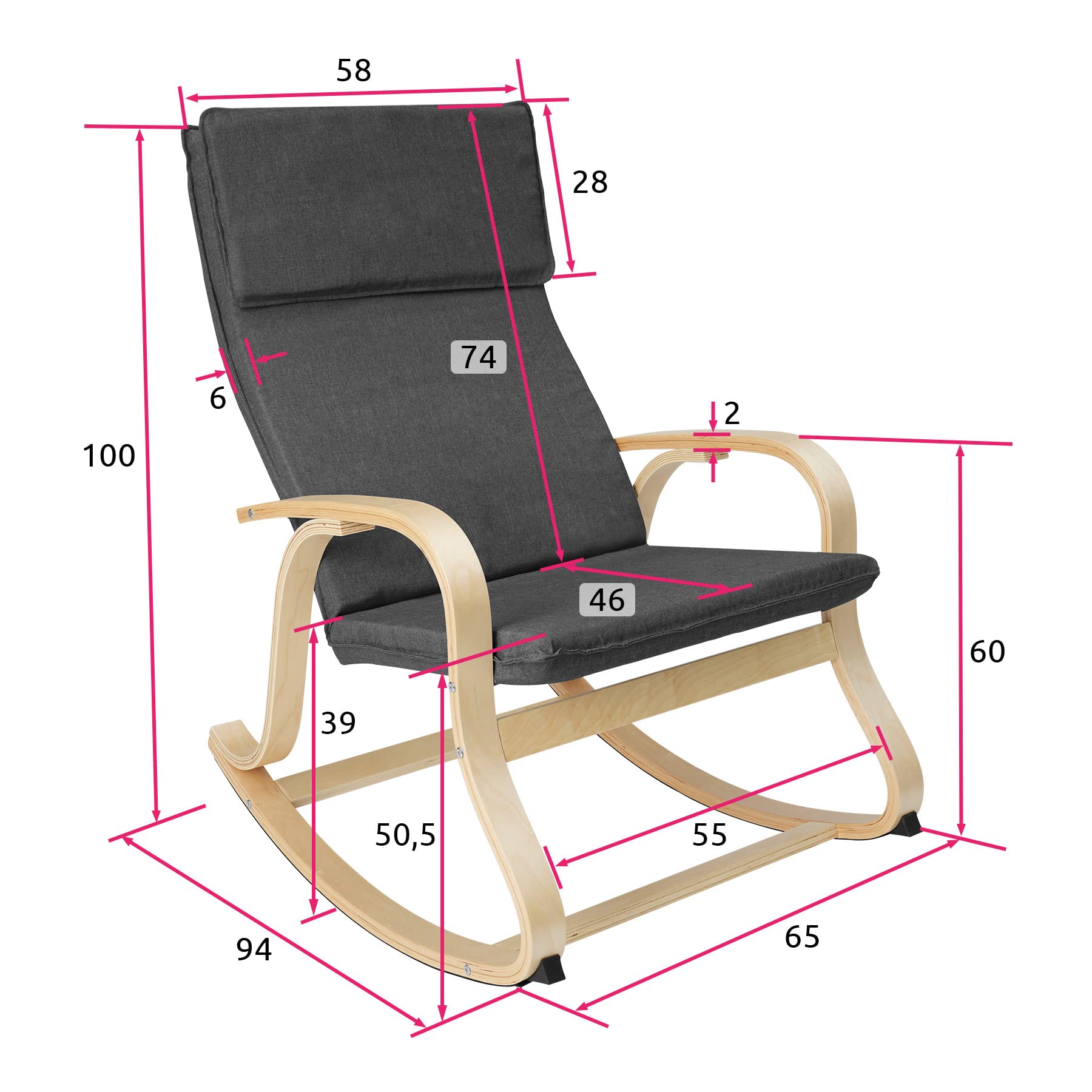 tectake® Poltrona a Dondolo in Legno di Betulla per Arredamento Casa e Veranda, Sedia a Dondolo con Braccioli e Cuscino, Poltrona Dondolo Design Scandinavo, Capacità Fino a 150 kg -Grigio Scuro