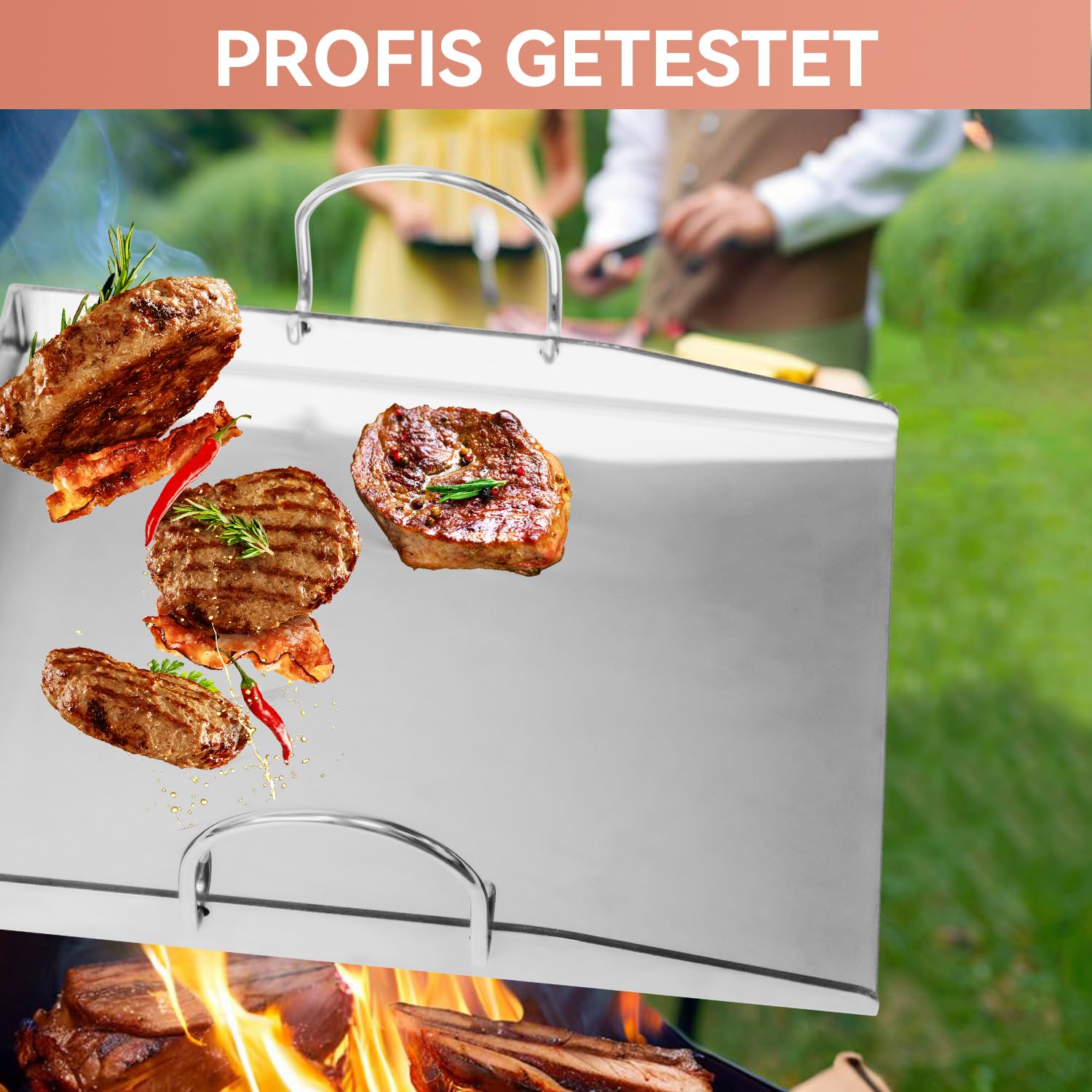 Edelstahl Grillplatte Plancha 40 x 30 x 4 cm mit 2 Grillspachteln, Abnehmbaren Griffen für Weber, Enders, Burnhard Ersatzteile Zubehör – BBQ Grillplatte für Gasgrill & Holzkohlegrill