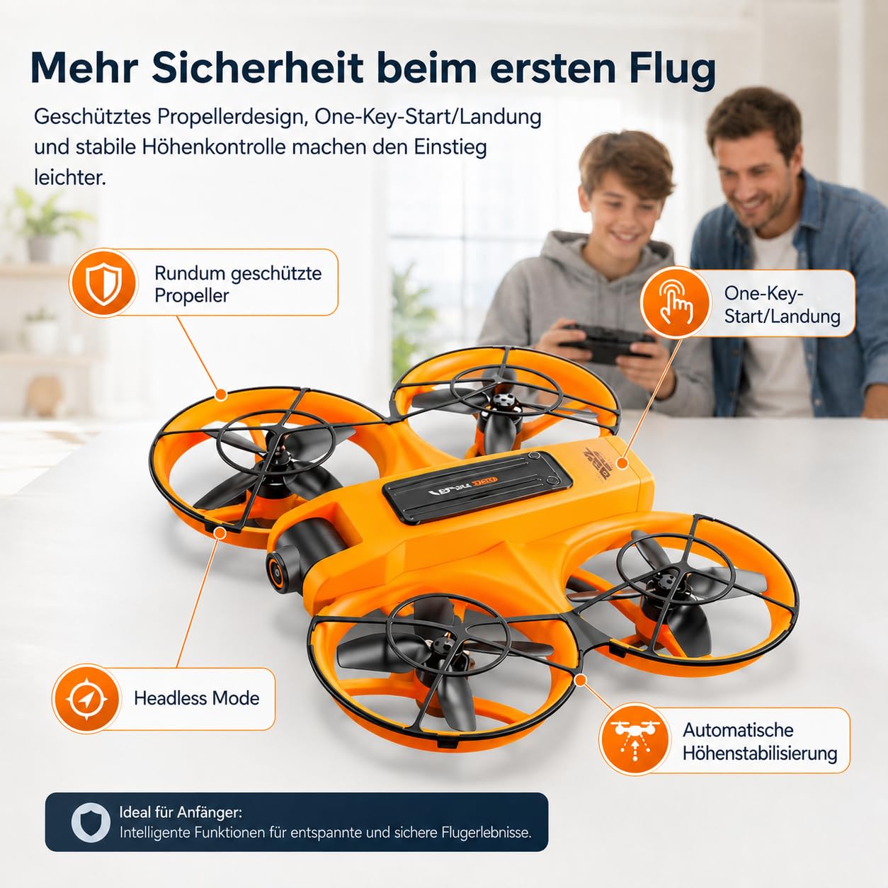 Drohne mit Kamera & Display Fernbedienung, Brushless Motor, Dual Kamera 90° verstellbar, FPV Live-Übertragung, Optical Flow, 360° Flip, LED, Anfänger & Kinder geeignet (Orange, Akkus: 3 St.)