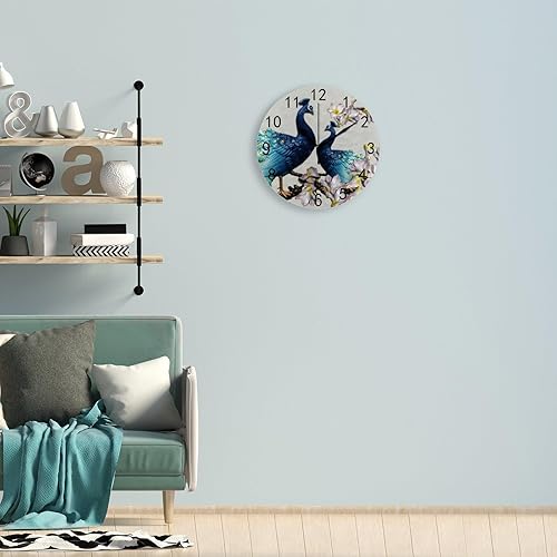 Miniatura 5 de Reloj de pared para decoración de sala de estar, pavo real, flor de durazno, PVC, 9.8 pulgadas, para colgar, redondo, silencioso, sin tictac,