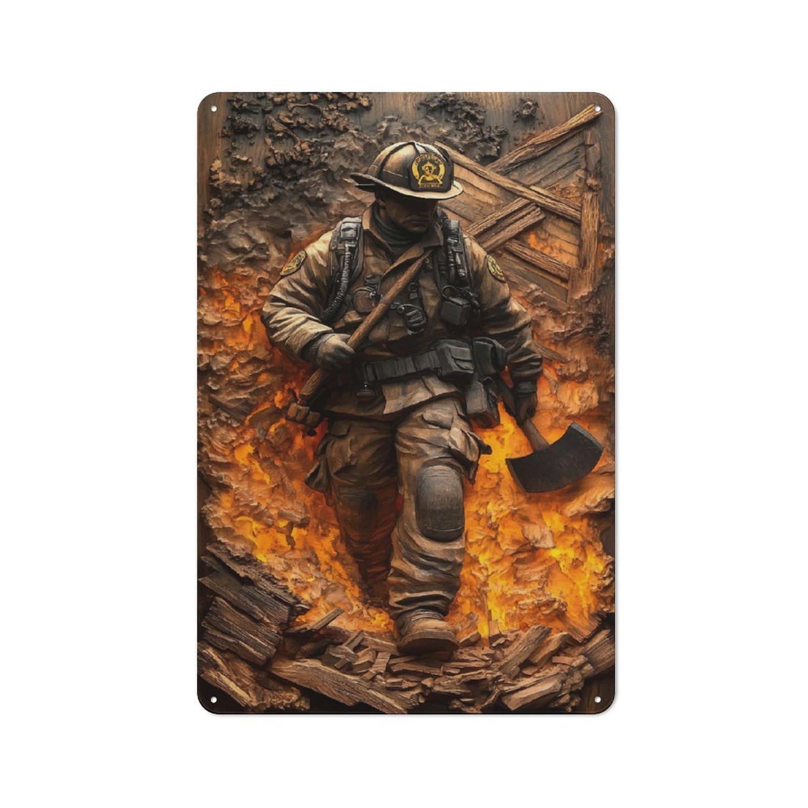 Junmoney Firefighter Fireman Flame Garage Metal Sign 30X20cm, Retro Workshop Wall Decor For Tool Room, Garage, Studio Or Home Bar