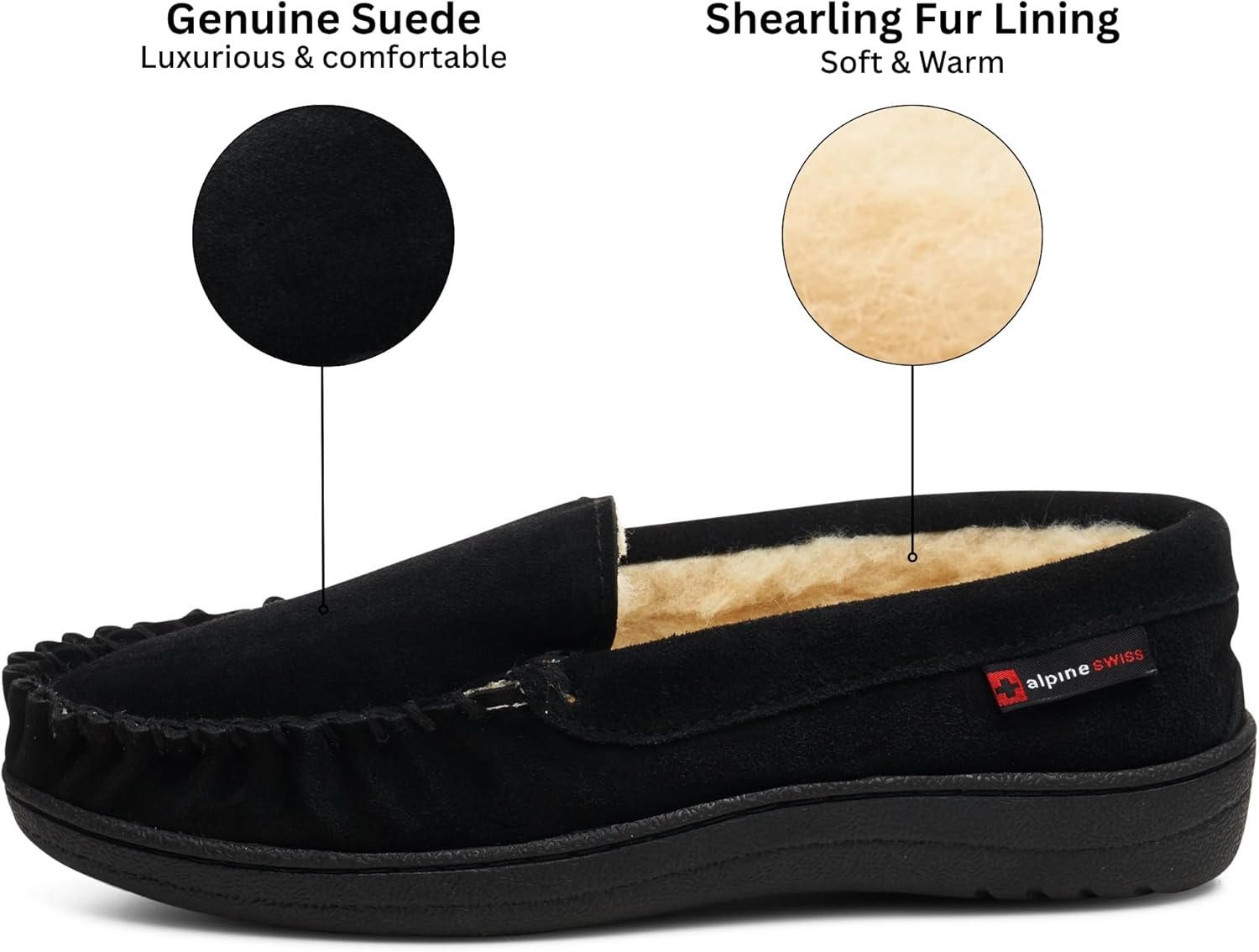 Alpine Swiss Men’s Moccasin Slippers Genuine Suede Slip-On House Shoes Memory Foam Insoles Plush Faux Shearling Lining Comfortable Indoor Outdoor Slipper with Anti-Slip Rubber Sole - Image 3