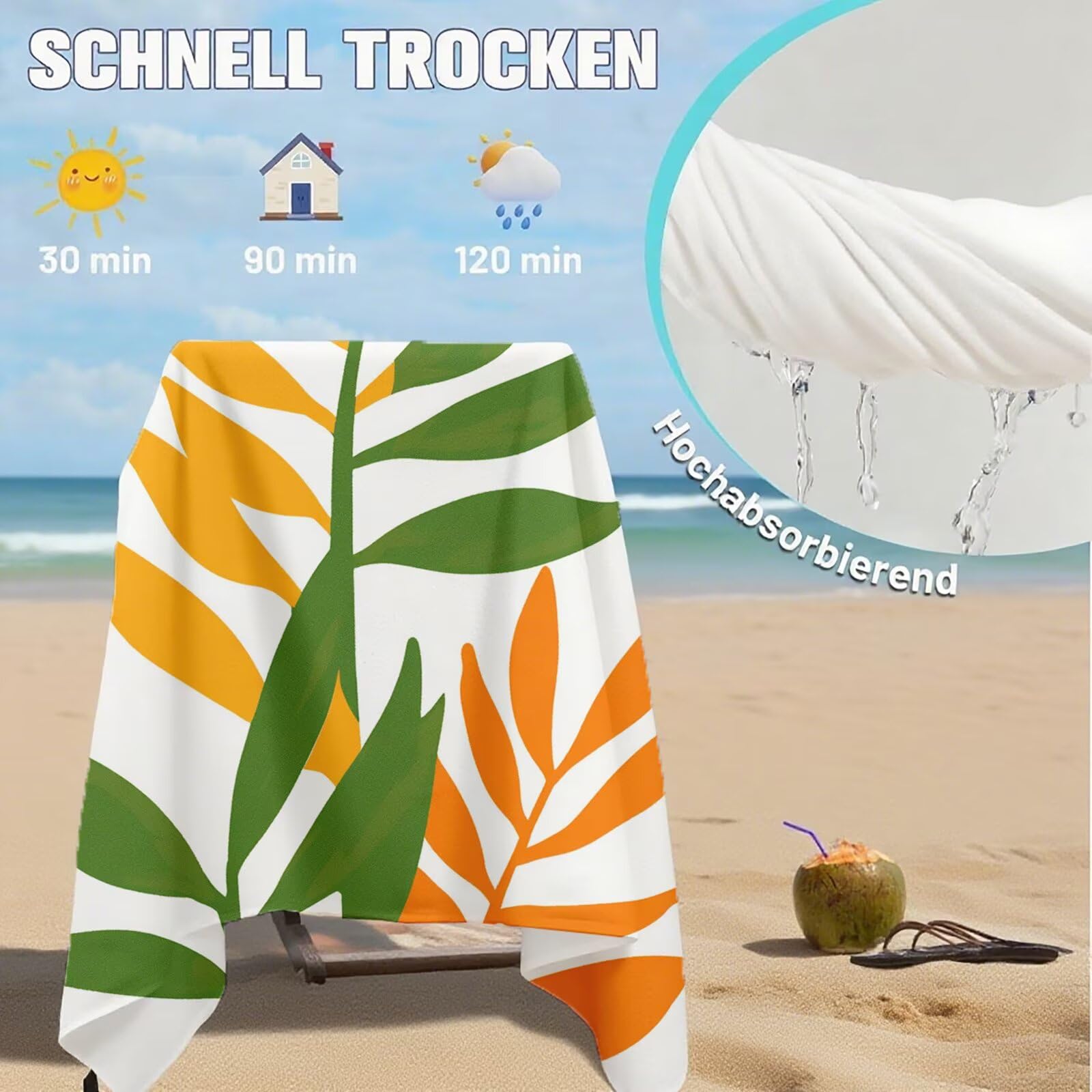 Serviette de Plage XXL 90x200,Feuille Serviette Plage Microfibre avec Séchage Rapide, Anti-Sable, Absorbante Fonction Design pour Vacances Piscine Pique-Nique Voyages Yoga, Cadeau Femme 2 Pack Q-752
