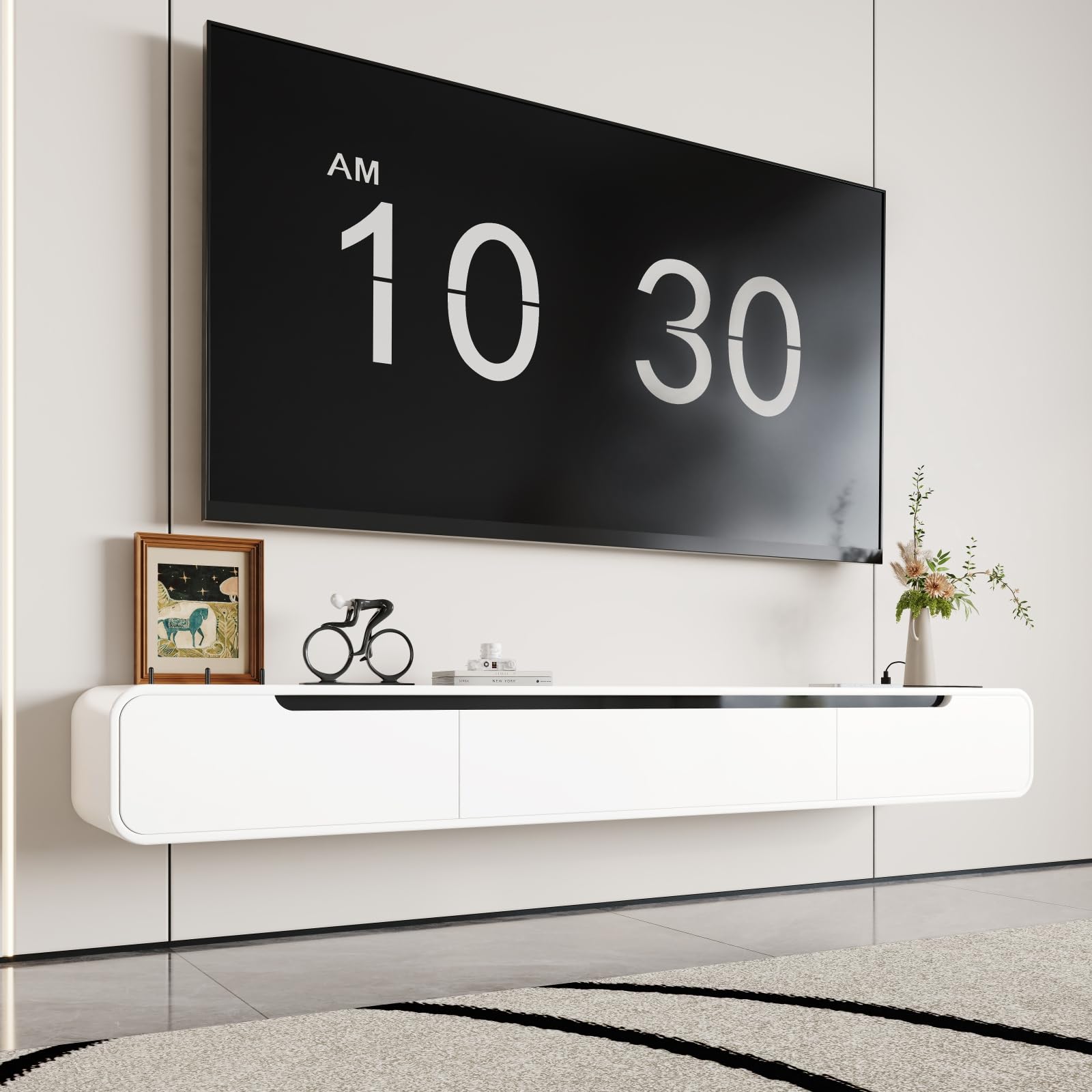 Photo 1 of basenji Fully-Assembled Floating TV Stand - 71" Wall Mounted TV Stand with Power Outlet | High Gloss Modern Floating Entertainment Center Media Console for Living Room, Bedroom - White