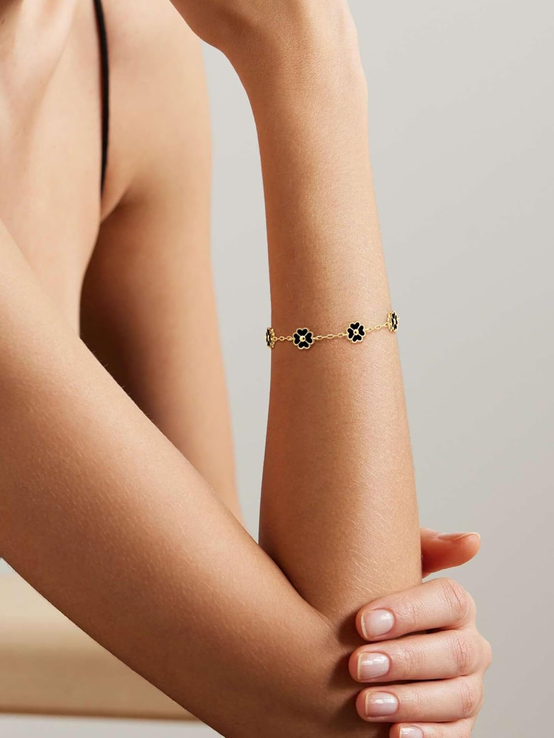 NECOCY Clover Bracelet for Women, Trendy 18K Gold Plated Four Leaf Lucky Flower Bracelets Set Adjustable Dainty Simple White/Black/Pink/Blue Floral Jewelry Gifts for Women Valentine Birthay Daily - Image 2