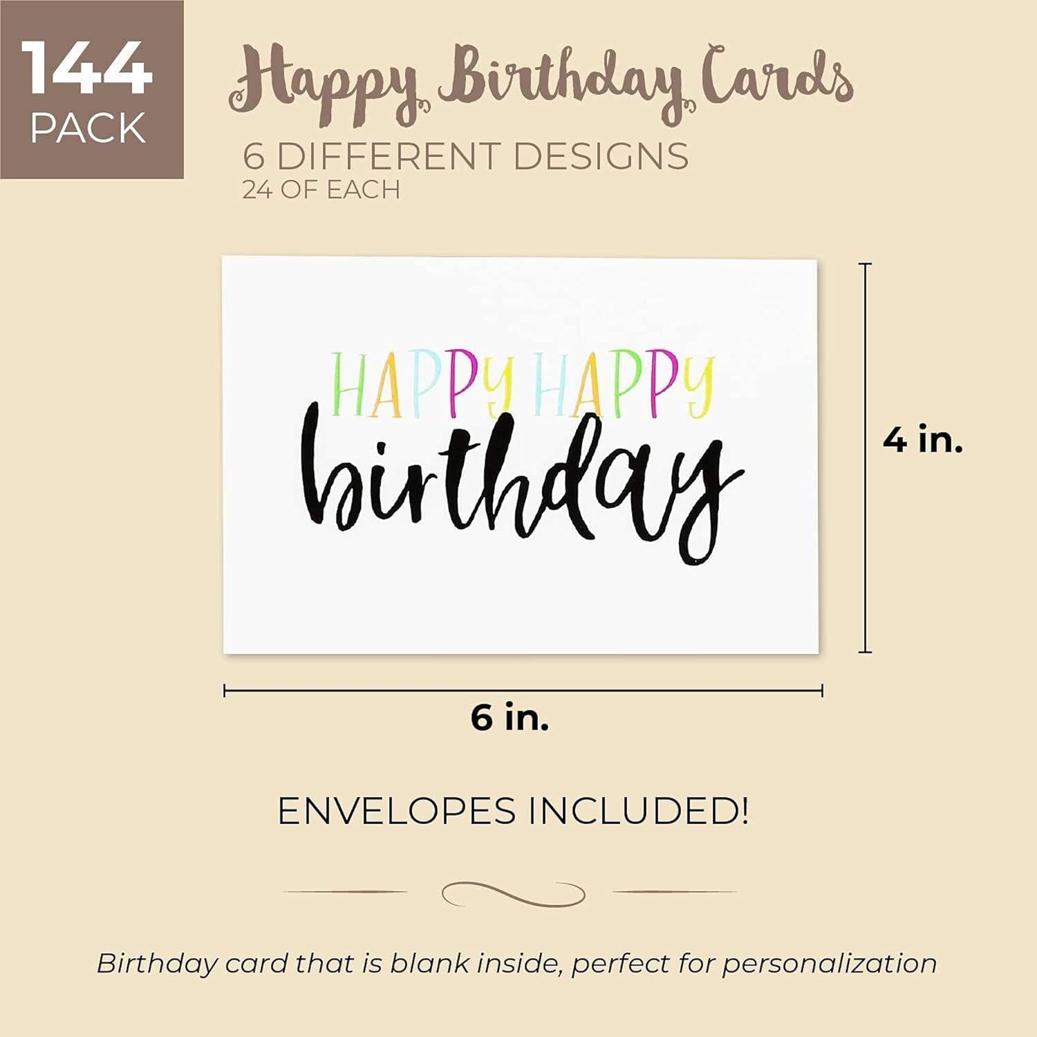 Amazon Sustainable Greetings 144枚パック 空白のハッピーバースデーカード バルクボックスセット 6種類のデザイン 封筒付き 4 X 6インチ グリーティングカード 文房具 オフィス用品