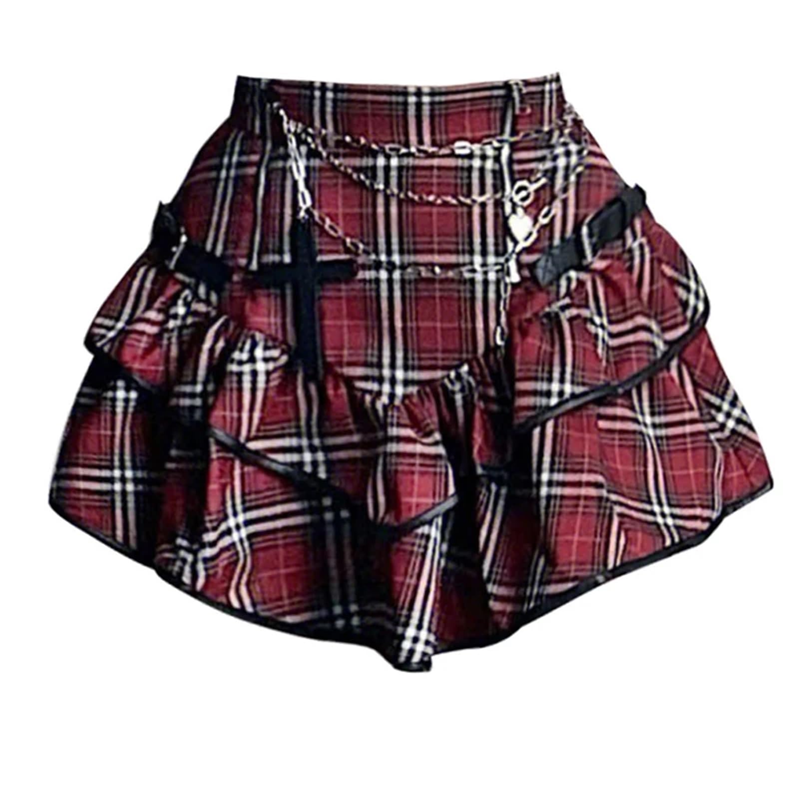 LXHZSY Goth Skirt Punk Gothic Red Plaid Women Vintage High Waist Cake Skirt Clubwear(S)