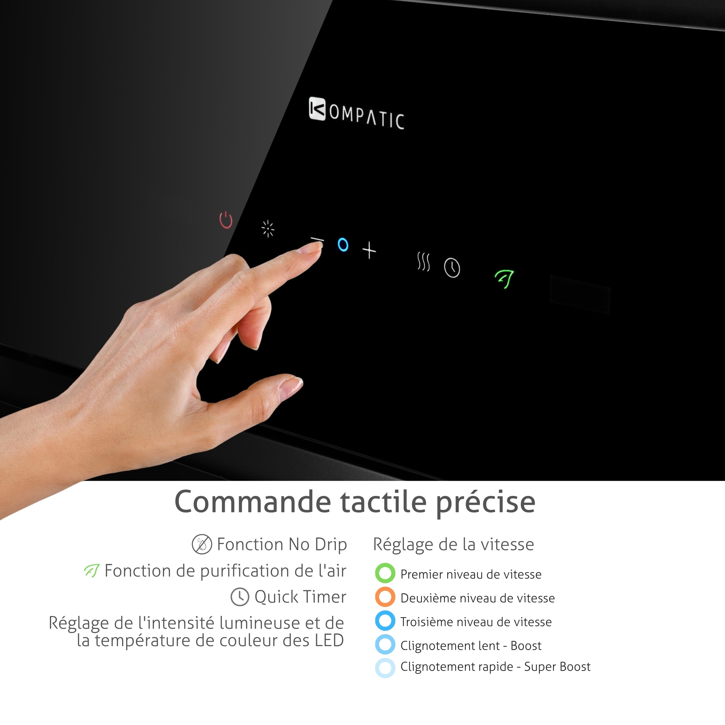 Yara 60 KPYR60BIB hotte encastrable 60 cm, 800 m³/h, classe A+, commande gestuelle/tactile, No Drip anti-condensation, télécommande, purification d’air, LED réglable, noir mat.