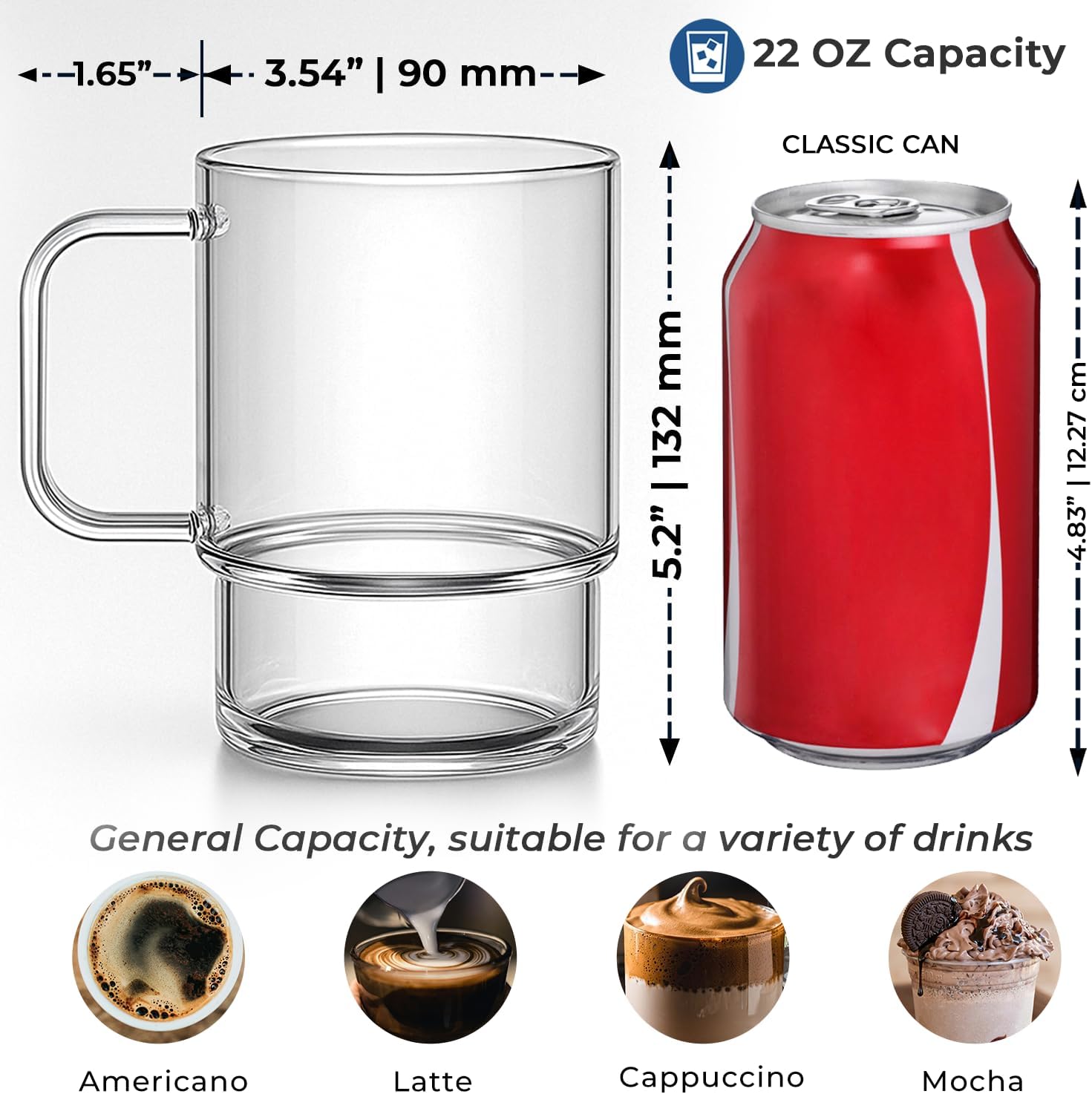 Aquach 22oz Stackable Glass Mugs with Handle, Set of 2 - Large Clear Coffee Cups for Latte, Cappuccino, Mocha, Americano, and Tea - Image 5