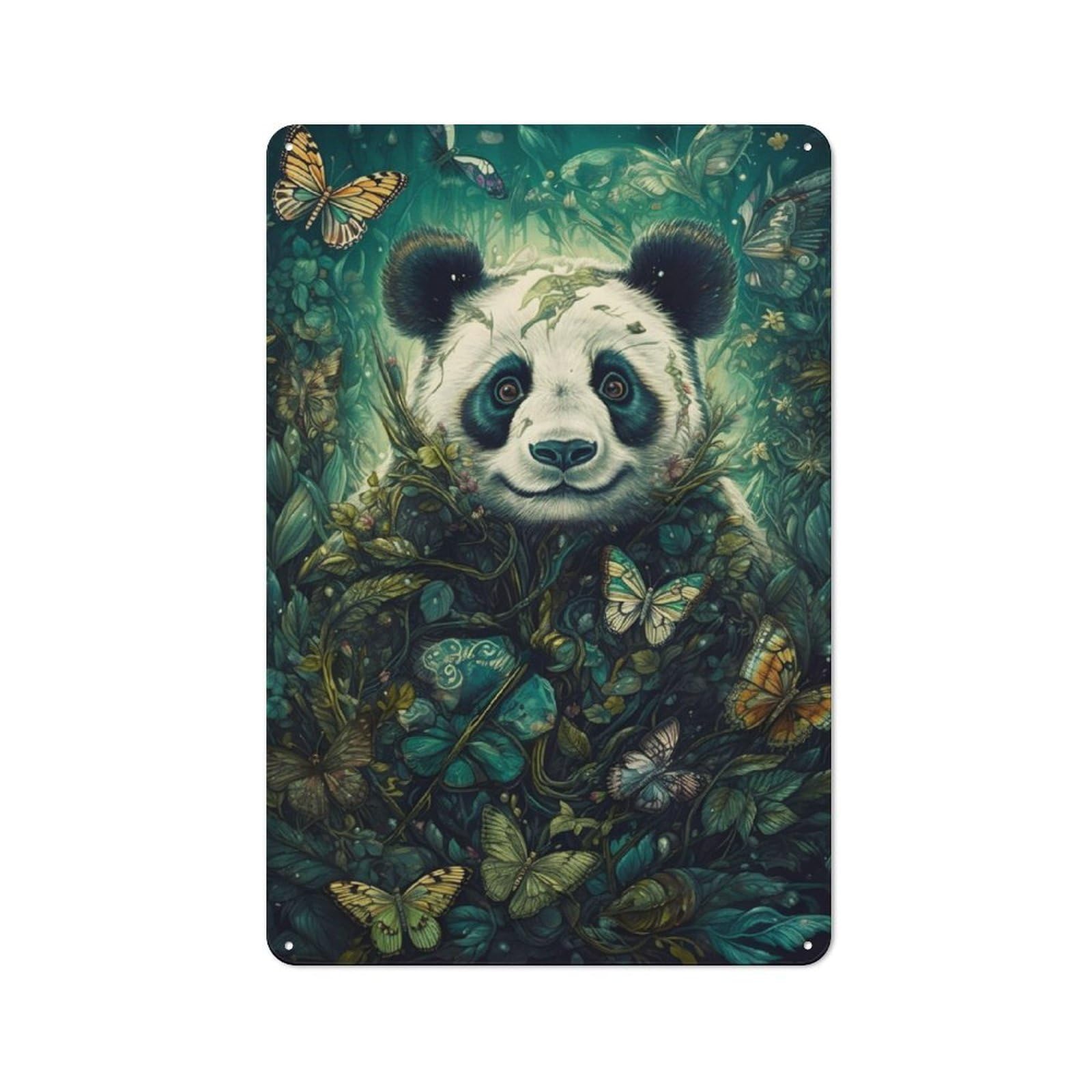 Junmoney Panda Butterfly Rustic Tin Wall Plaque 30X20cm For Guest Room Or Hallway, For Garage, Workshop And Man Cave Decoration