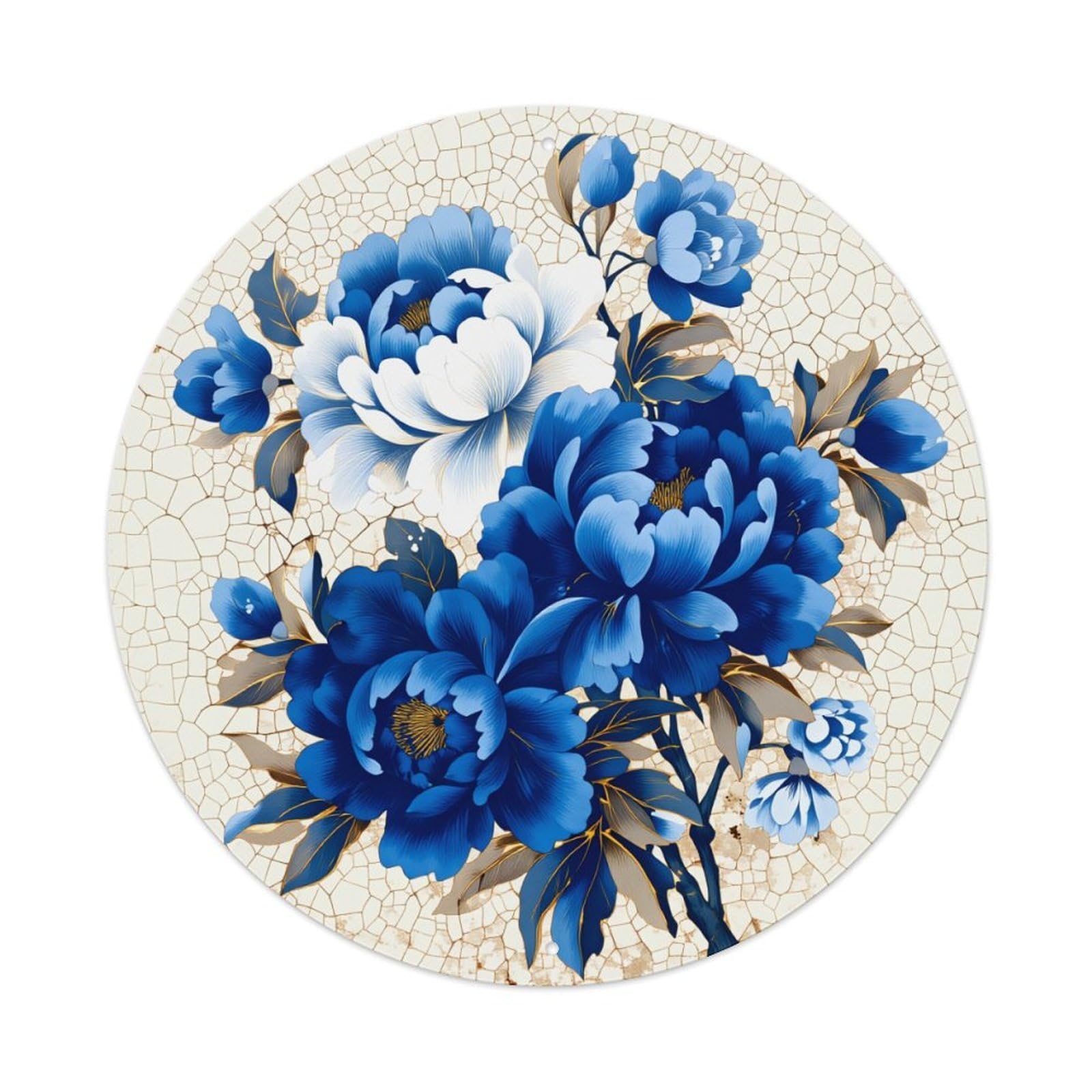 Blue Floral Peony Pattern Print Round Tin Sign Retro Metal Sign for Cafe Bar Pub Home Game Room Gym Club Wall Decoration Vintage Metal Poster 8x8 Inch