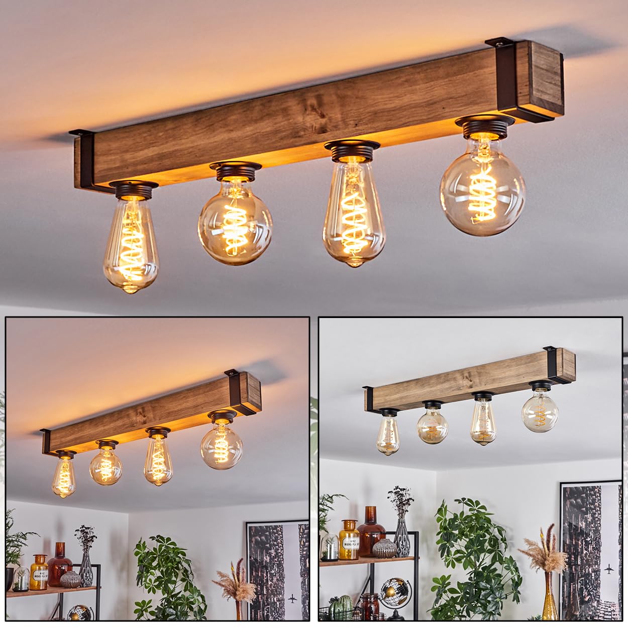 Ceiling Light Montgomery, Modern Ceiling lamp Made of Metal/Wood in Black/Nature, Light in Industrial Style, Retro/Vintage Light 4-Flame with Wooden Beam, 4 x E27 Socket. Without Bulbs