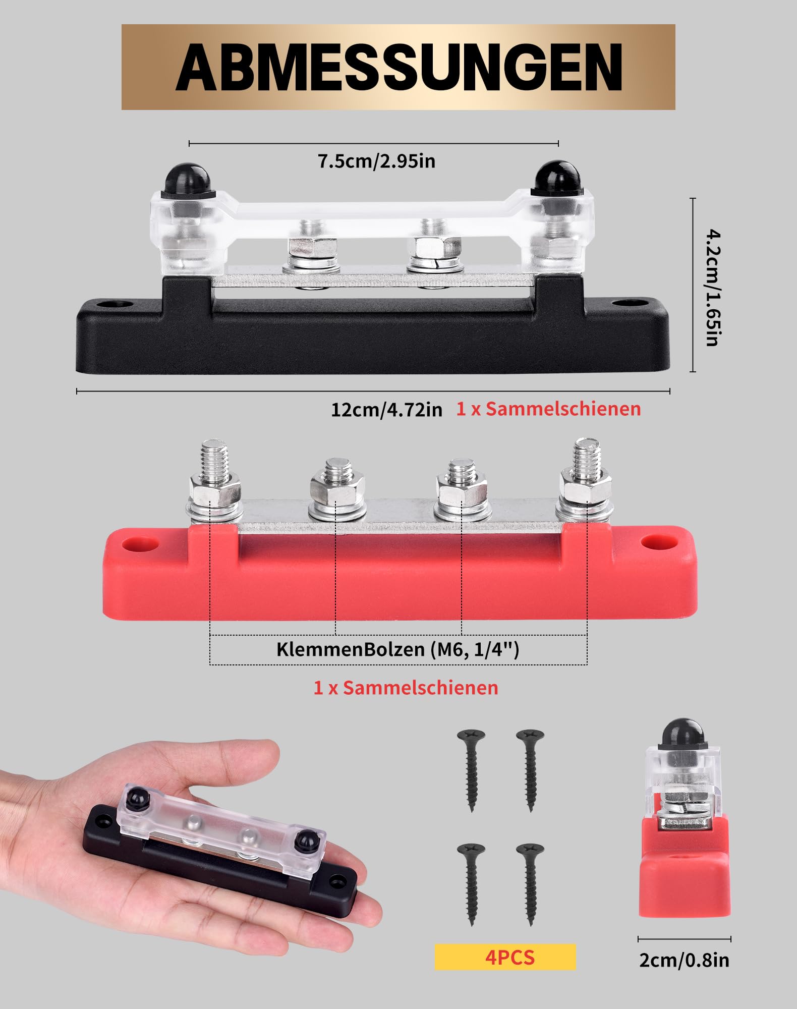 2 sztuki szyn zbiorczych 12 V-48 V DC 150 A, szyny zbiorcze, blok rozdzielczy z 4 x bolcami zaciskowymi M6 12 V, blok rozdzielczy zasilania z pokrywą, rozdzielacz 12 V, do samochodów RV, ciężarówek,