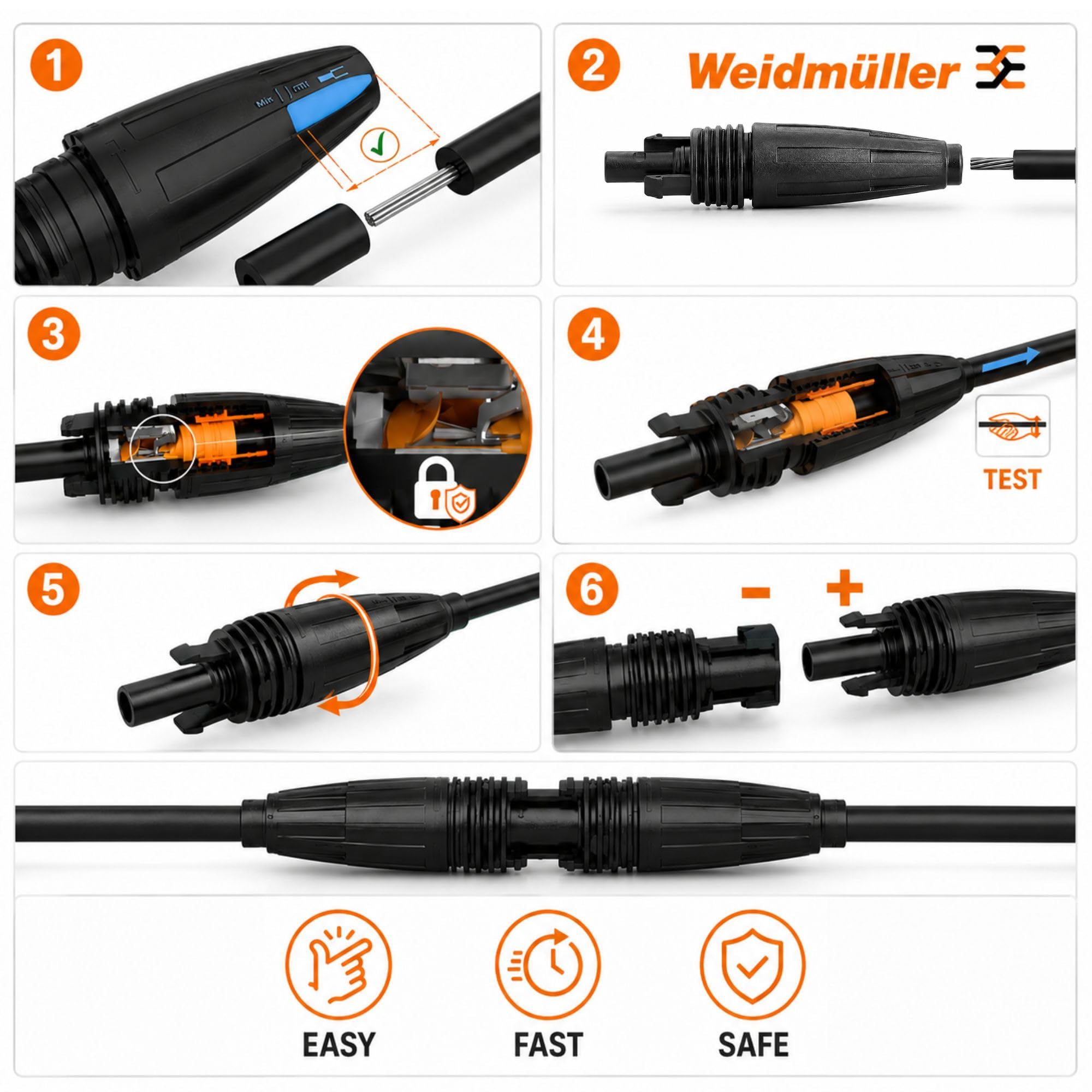 Weidmüller Set di 5 Connettori Fotovoltaici Snap In per Cavi 4-6 mm² | Spina solare per 1.500 V DC, montaggio senza attrezzi né crimpatura, conforme IEC 62852, ideale per impianti solari