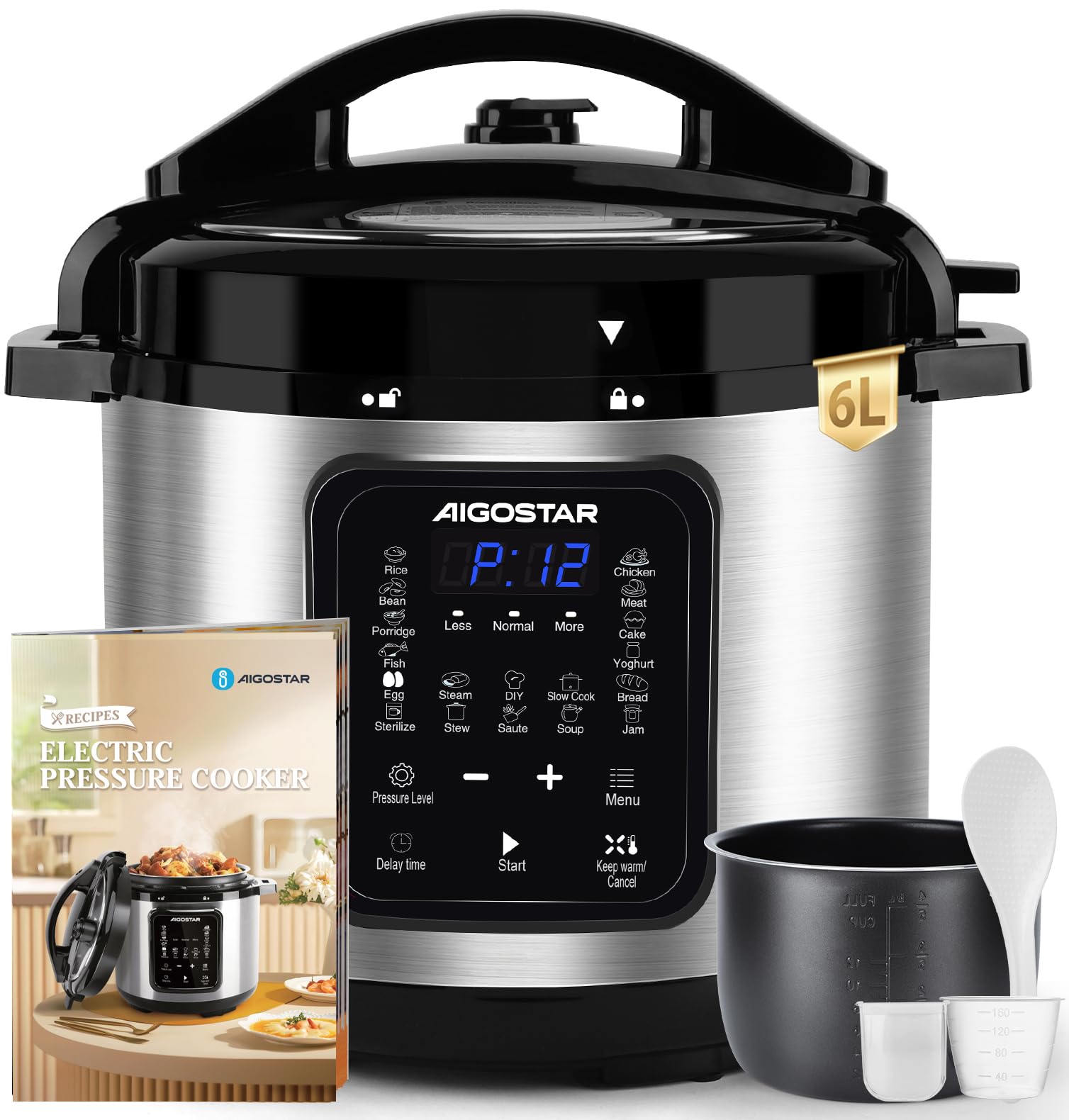 Aigostar Schnellkochtopf 6l, 18-in-1 Multikocher, Antihaft, leichte Reinigung, 1000 W Pressure Cooker, Rice Cooker, Slow Cooker, Dampfgarer, Joghurtbereiter, Speisewärmer inkl. farbigem Rezeptbuch